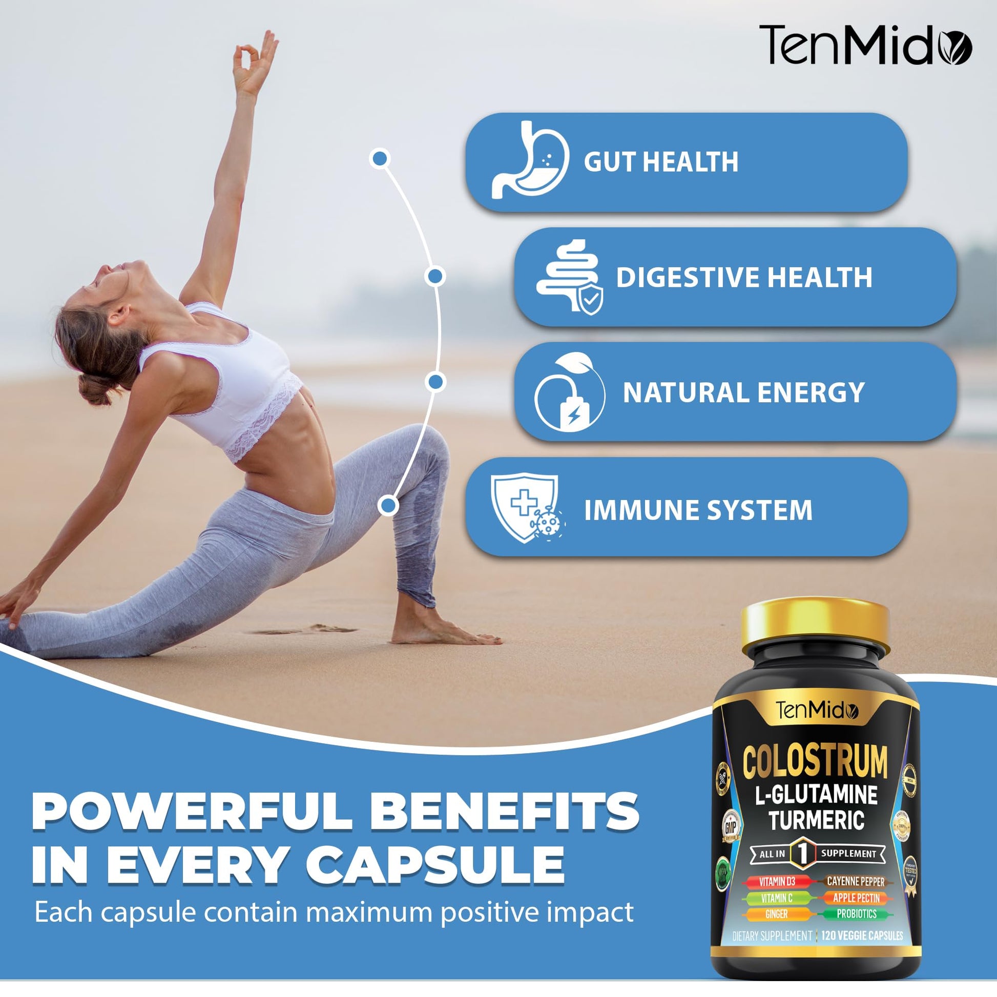 Tenmido Colostrum Supplement - 10in1 Formula - Combine with L- Glutamine, Turmeric, Cayenne Pepper, Apple Pectin, Probiotics, Ginger, and More - Digestive Health, Immune Support - 120 Capsules Tenmido buy supplements canada