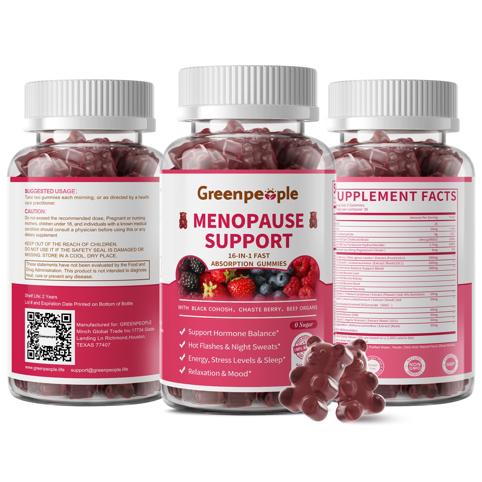 GREENPEOPLE Menopause Supplements for Women Gummies - 16-in-1 Dual Action Menopause Relief W/Black Cohosh, Vitex, Beef Organs for Hormone Balance, Hot Flashes, Night Sweats & Mood, Sugar-Free 60 CT GREENPEOPLE buy supplements canada