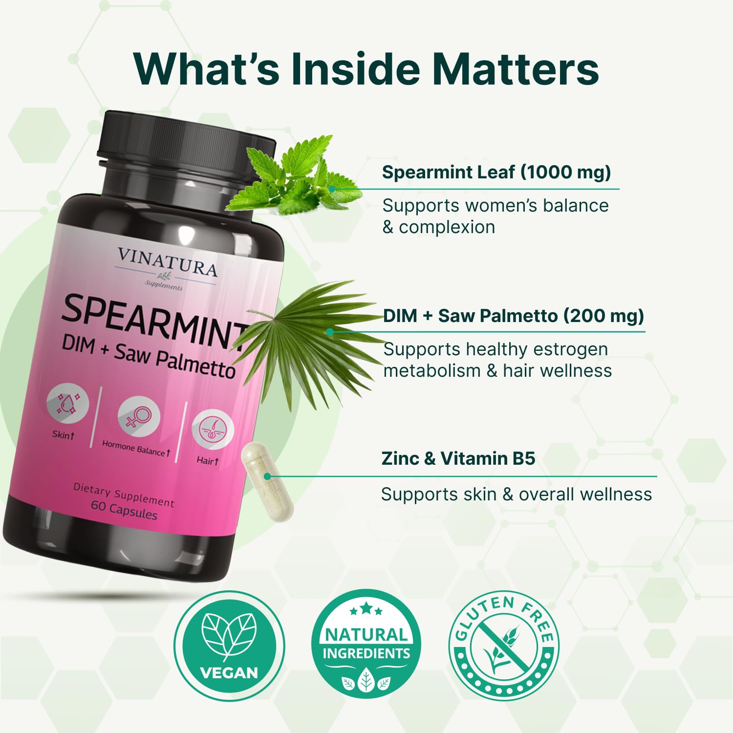 VINATURA Spearmint Leaf Capsules Supplement - Enhanced with DIM & Saw Palmetto, for Unwanted Hair, Women' Health & Skin *USA Made & Tested* - 1380mg/serving, 60 Capsules (30 Servings) VINATURA buy supplements canada