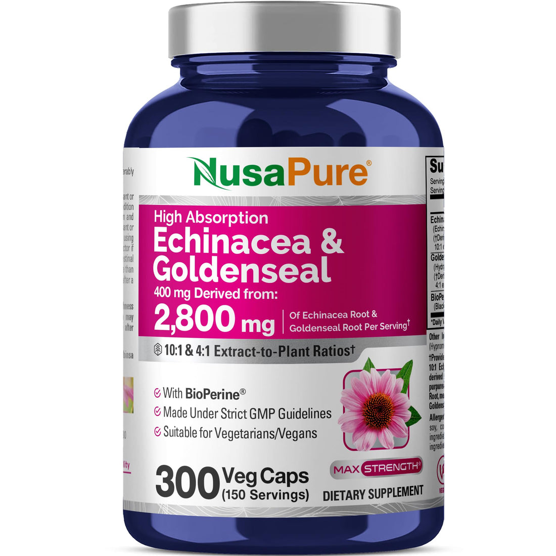 NusaPure Echinacea Goldenseal 200mg, (Extract 10:1, Equivalent to 2,000mg), 200mg, (Extract 4:1, Equivalent to 800mg) - 2800mg 300 Veggie Caps (Vegetarian, Non-GMO, Vegan) NusaPure buy supplements canada
