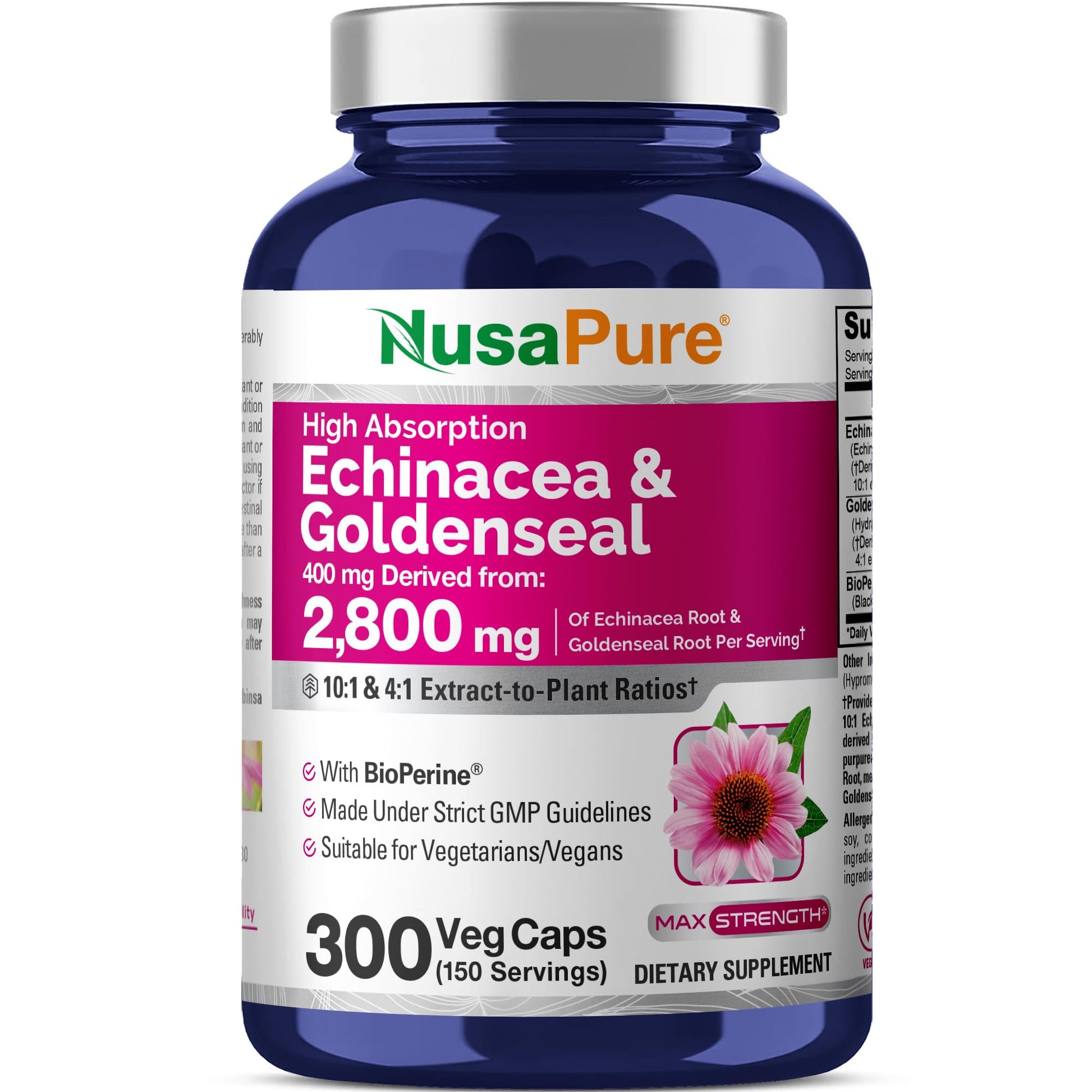 NusaPure Echinacea Goldenseal 200mg, (Extract 10:1, Equivalent to 2,000mg), 200mg, (Extract 4:1, Equivalent to 800mg) - 2800mg 300 Veggie Caps (Vegetarian, Non-GMO, Vegan) NusaPure buy supplements canada