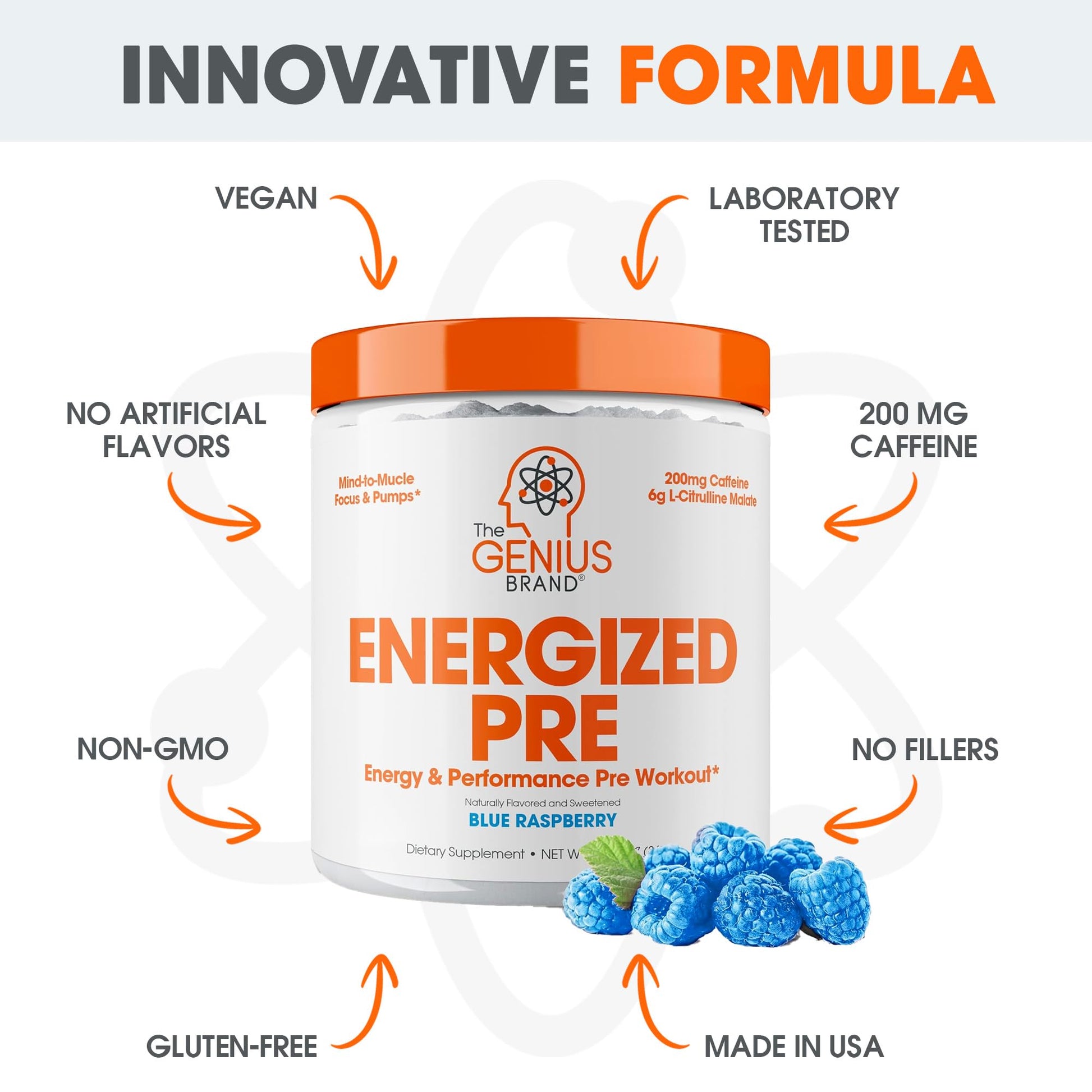 Genius Energized Pre Workout Powder – Caffeine Infused Pre-Workout Booster Supplement with Beta Alanine & Alpha GPC, No Artificial Sweeteners or Dyes - 200mg Caffeine, 20 Servings, Blue Raspberry The Genius Brand buy supplements canada