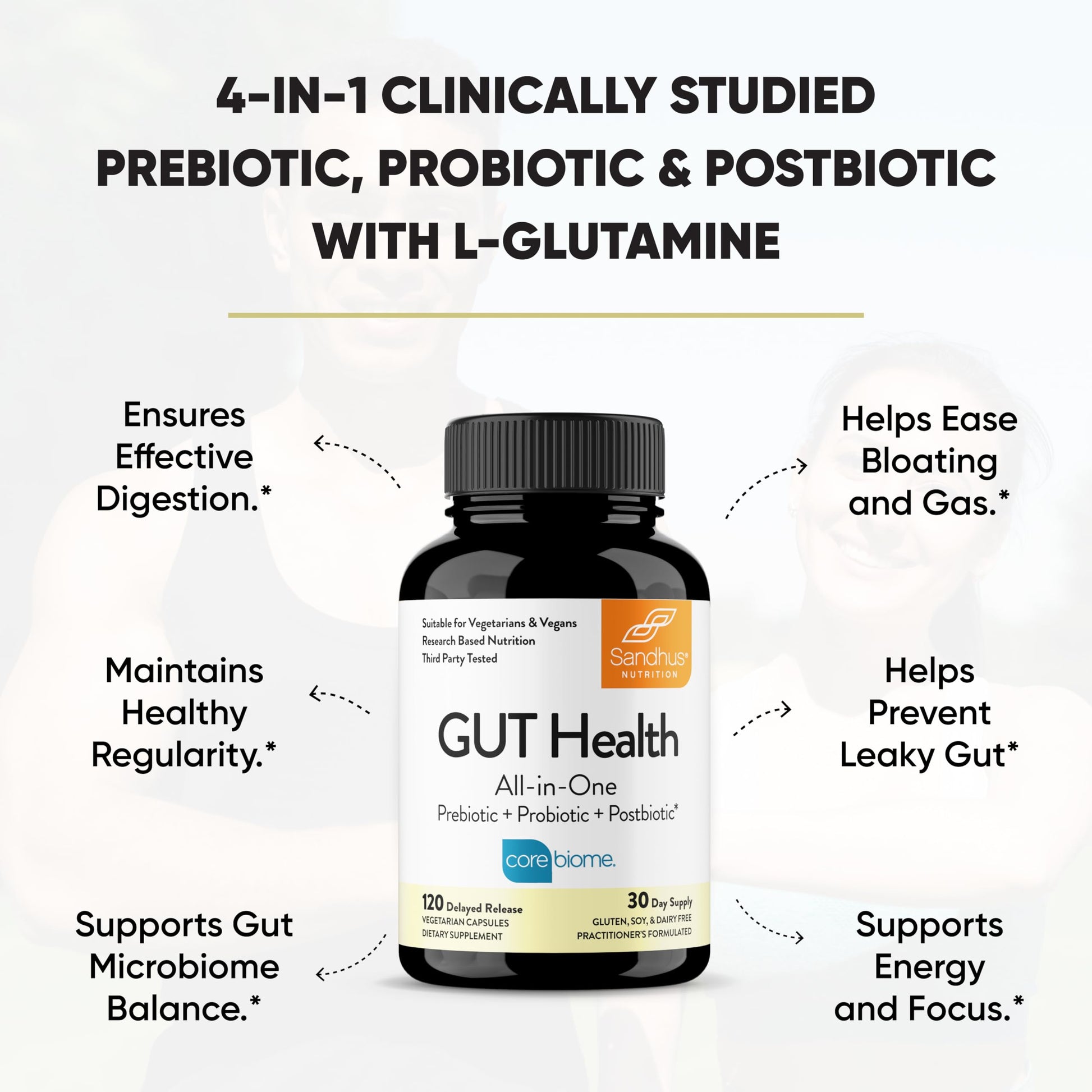 Sandhu's Gut Health - Prebiotic, Probiotic, Postbiotic & L-Glutamine | Digestive Health, Colon, Probiotic Total Supplements | 120 Delayed Release Capsules Sandhu's buy supplements canada