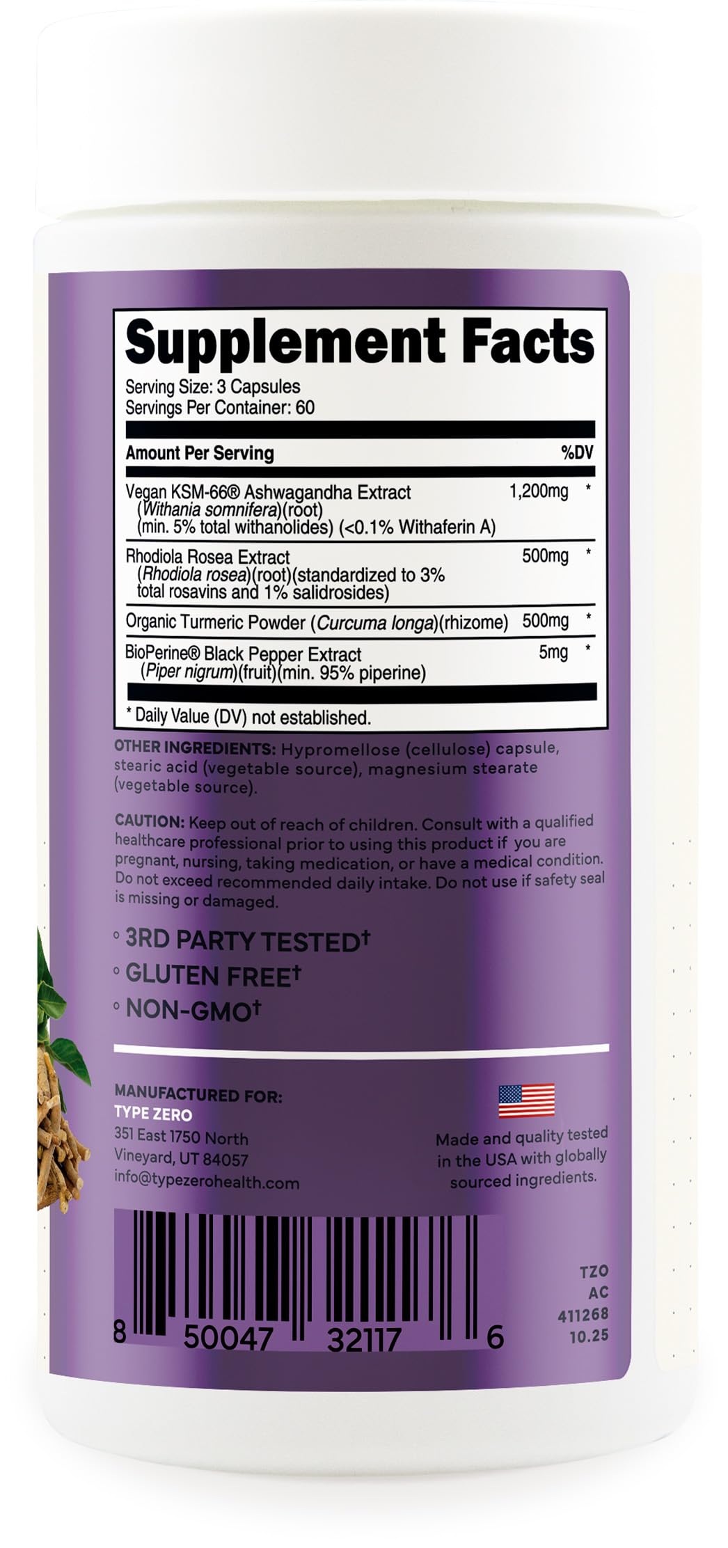 Type Zero KSM-66 Ashwagandha Root Extract 1,200mg, 60 Servings - High Potency 5% Withanolides - with Turmeric, Rhodiola Rosea and BioPerine Black Pepper Extract - 180 Veggie Caps Type Zero buy supplements canada