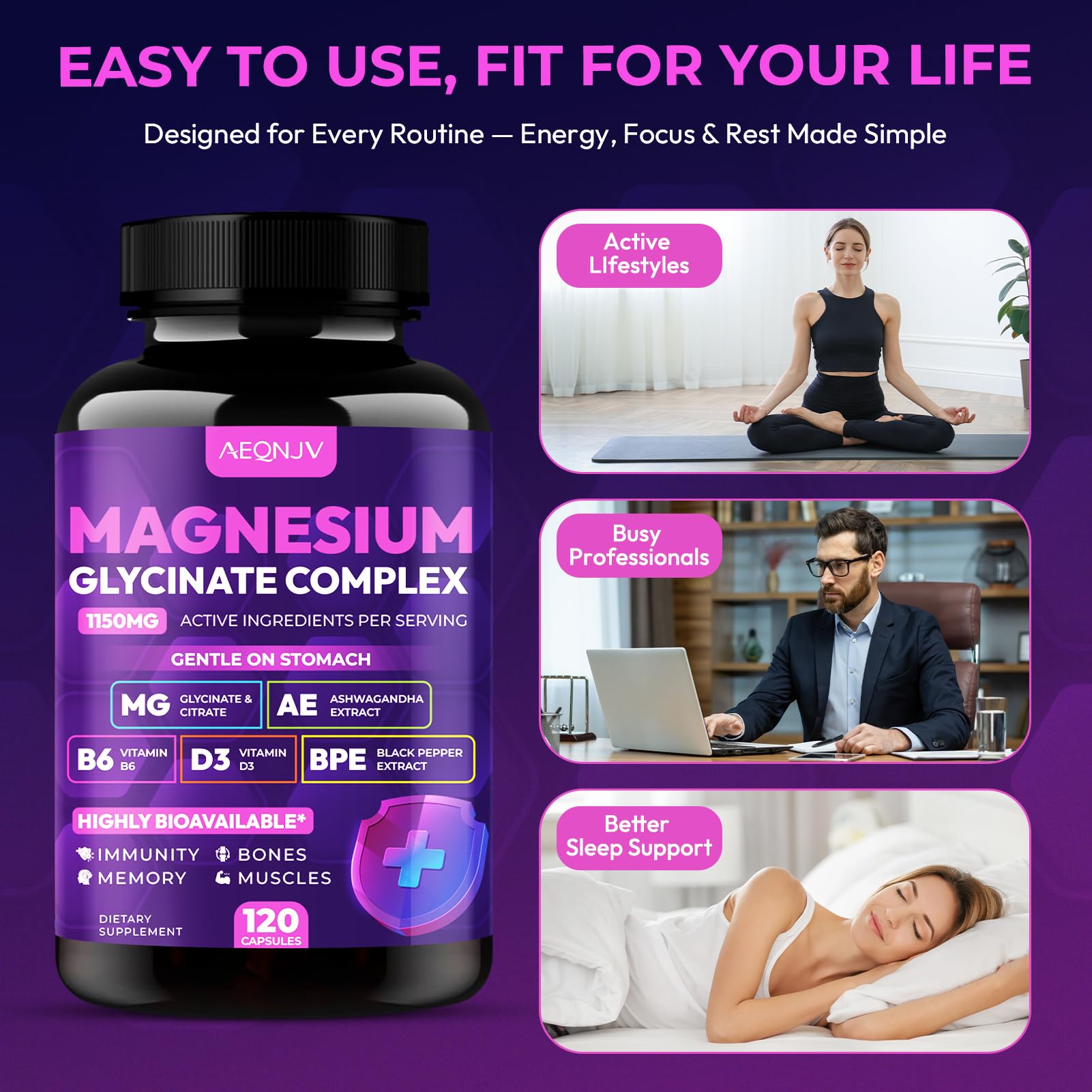 Magnesium Glycinate Complex 1150mg - Gentle on Stomach High Absorption Magnesium Capsules with Citrate, Silica, Ashwagandha & Vitamin B6 for Zzz, Stress Relief, Muscle Support for Adults, Women & Men AEQNJV buy supplements canada