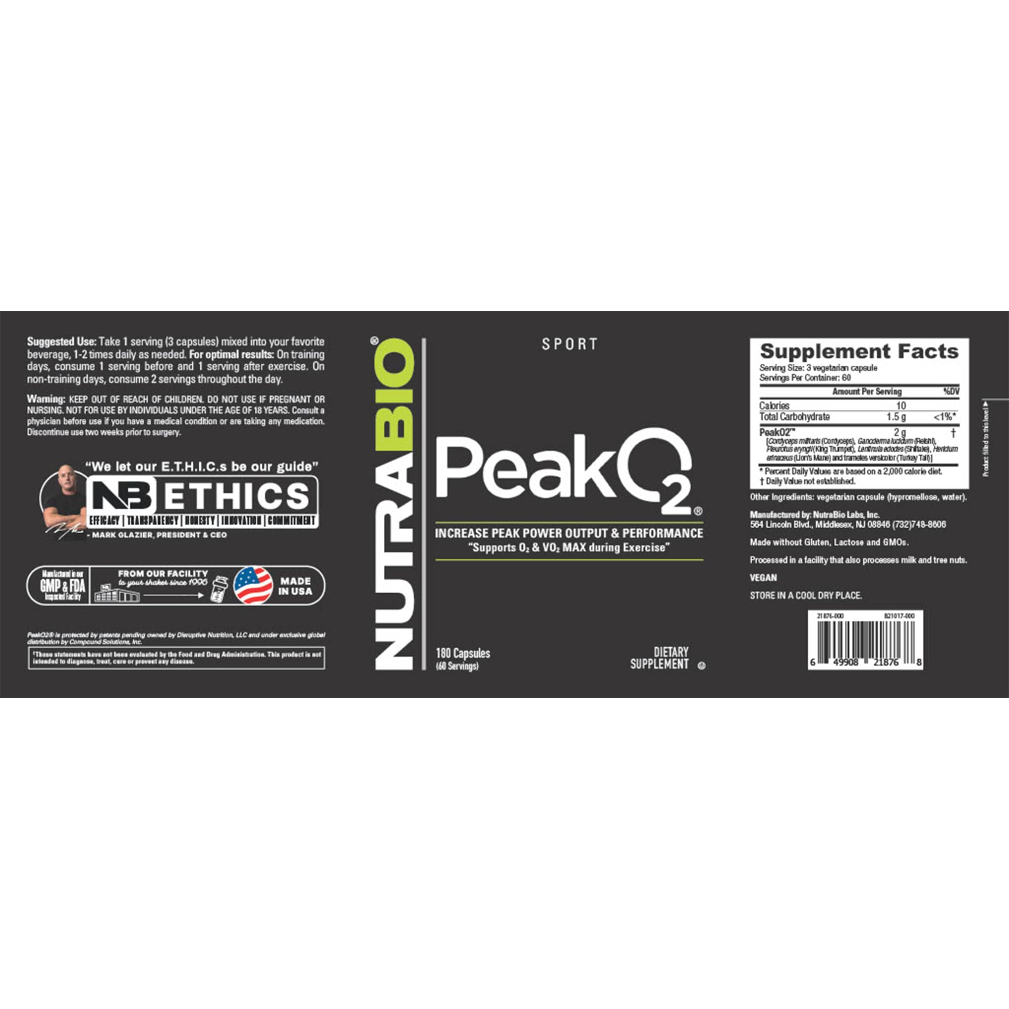 NutraBio PeakO2 Workout Supplement, 180 Capsules - Mushroom Blend Supplement to Help Enhance Athletic Performance and Overall Health, 60 Servings NutraBio buy supplements canada