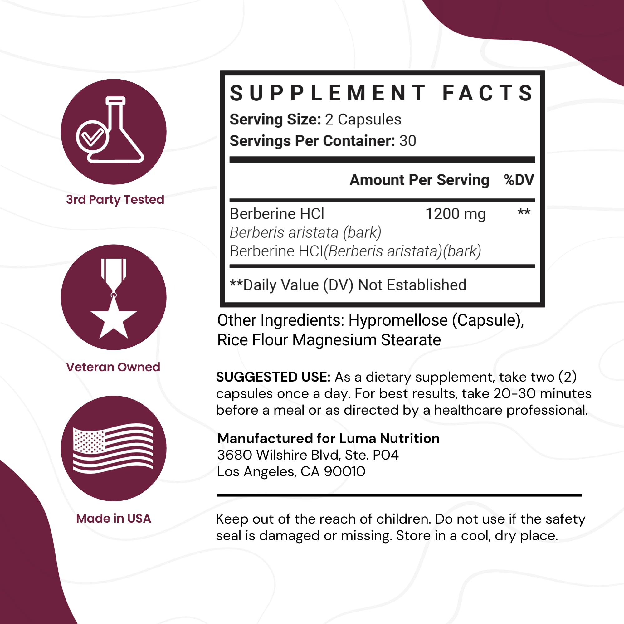 Luma Nutrition Berberine Supplement - Berberine 1200mg Per Serving - Berberine HCI Luma Nutrition buy supplements canada