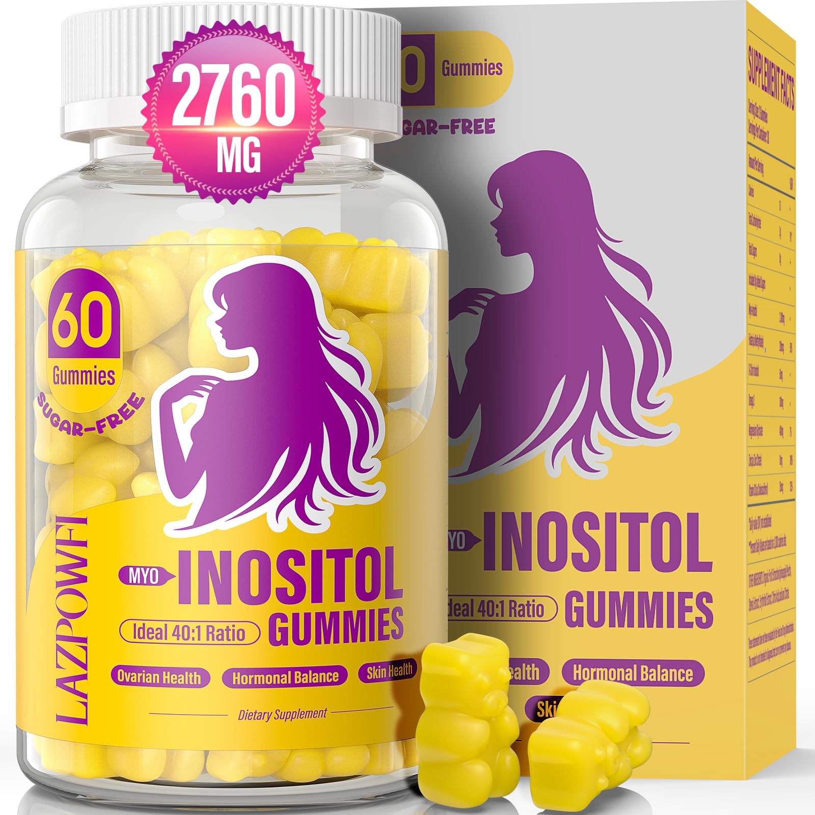 Lazpowfi Myo-Inositol & D-Chiro Inositol,Inositol Gummies with Vitamin D3, Magnesium Glycinate, Omega-3, Folate & Zinc, Inositol Supplement Menstrual Cycle for Women-40:1 Ratio-30 Day Supply Lazpowfi buy supplements canada