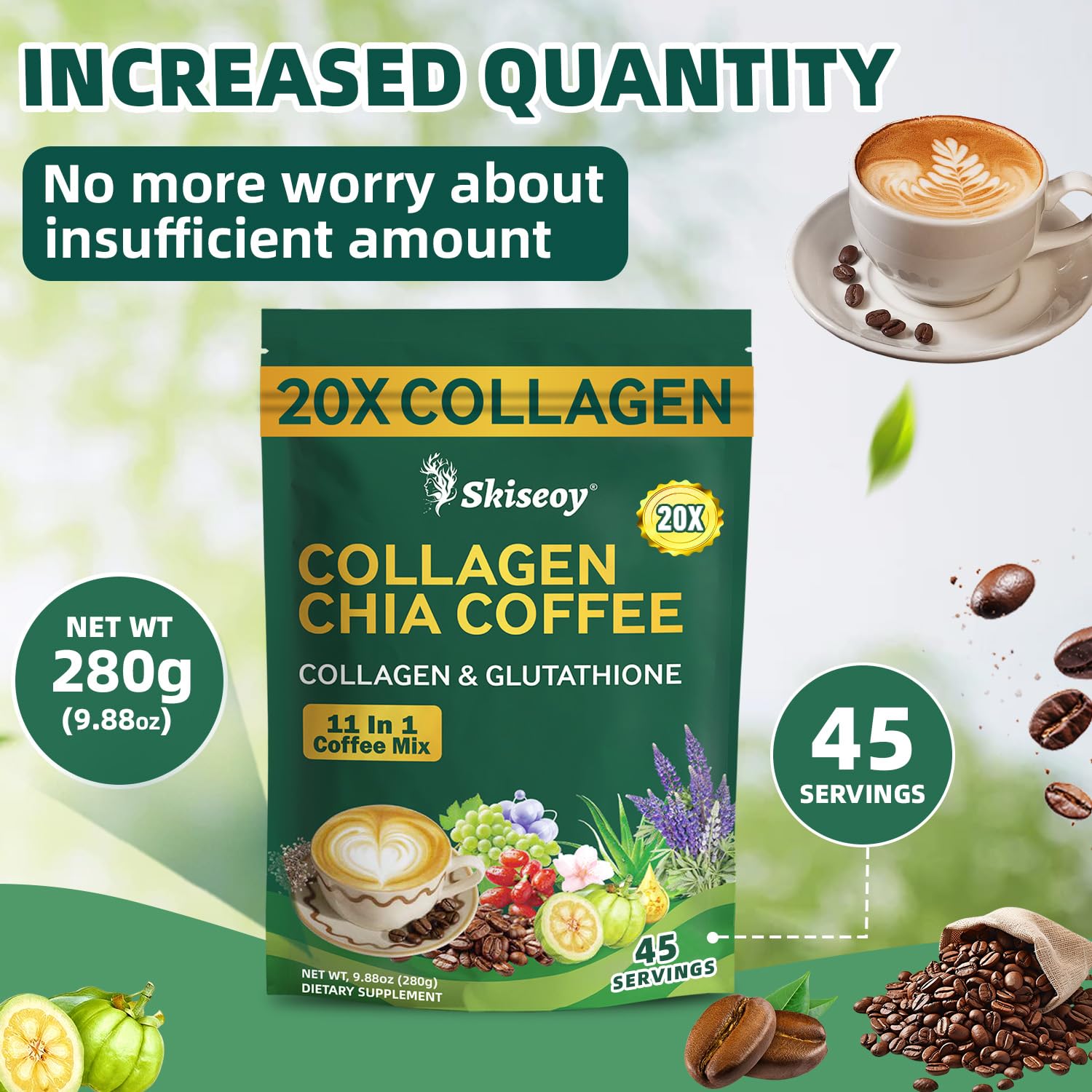 Skiseoy 20x Collagen Chia Coffee - 11-in-1 Coffee Shape Mix with L-Glutathione for Skin, Hair, Joints - Boost Energy and Focus, Vegan Friendly, 45 Servings Skiseoy buy supplements canada
