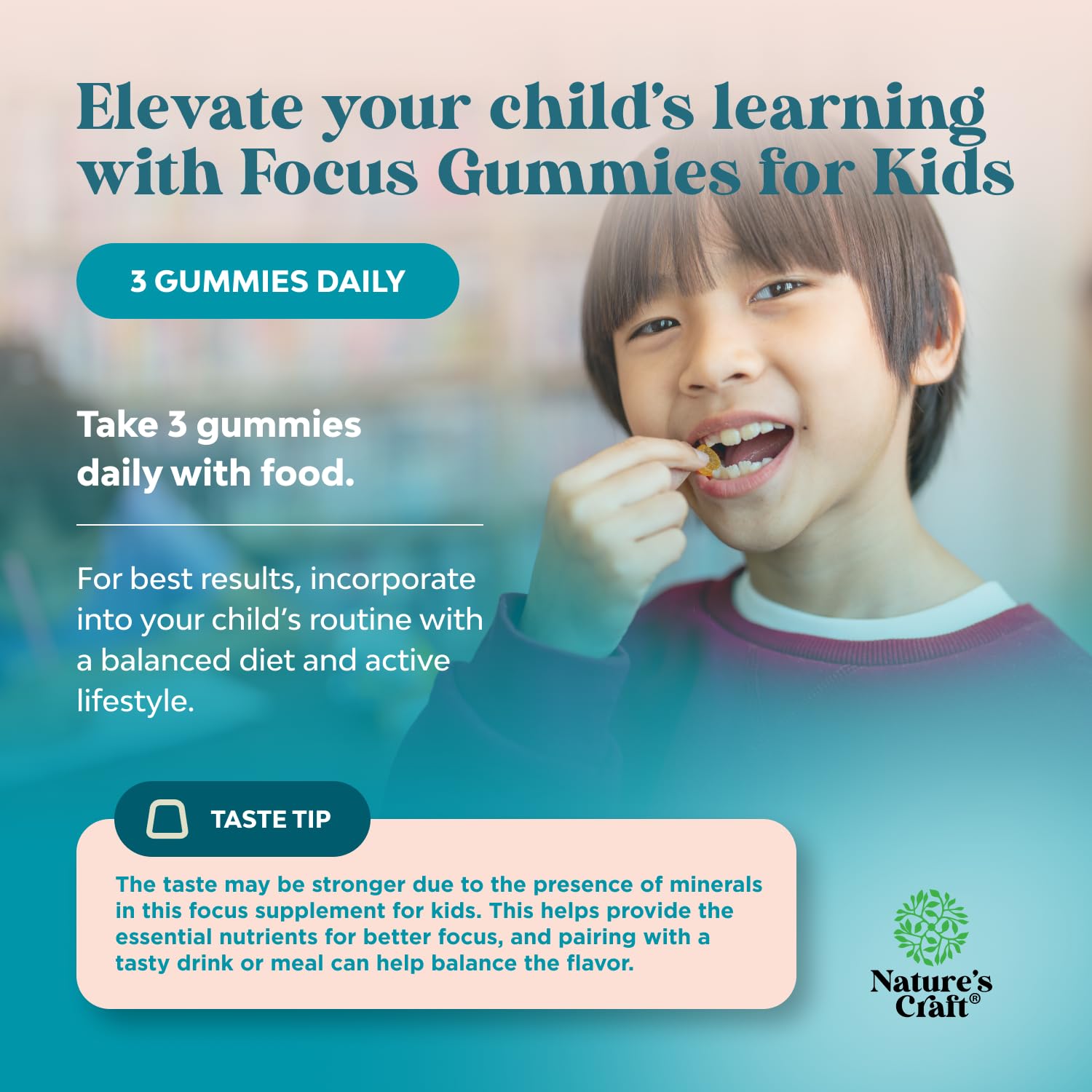 Kids Focus Gummies - Nootropics Brain Support Supplement for Kids with Green Tea Extract, B6 & B12 Vitamins for Memory and Brain Focus - Herbal Concentration Chews for Children - 90 Count Natures Craft buy supplements canada