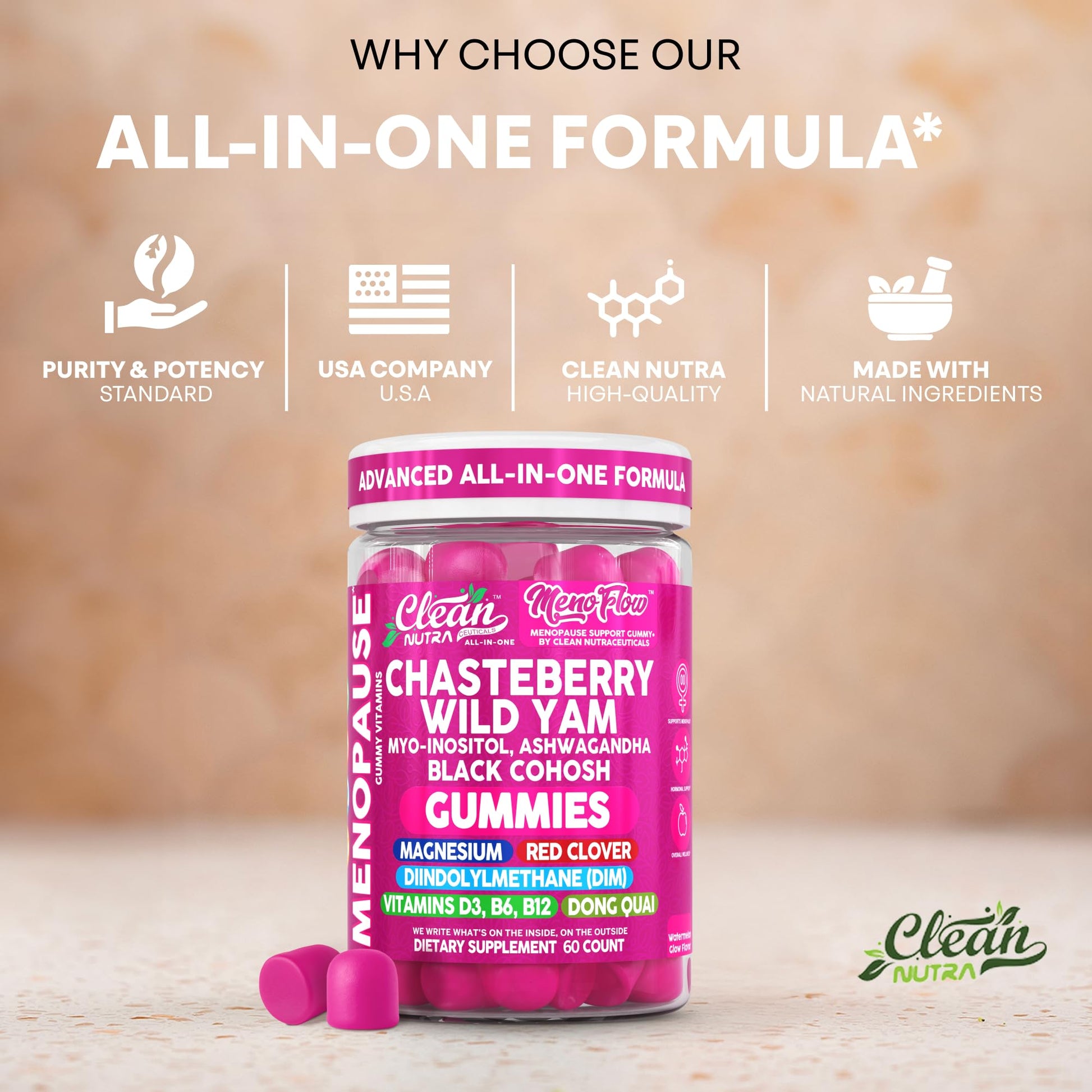 Clean Nutra Menopause Supplements for Women Chastberry Wild Yam Gummies Inositol Black Cohosh Magnesium Red Clover DIM Supplement B6 Magnesium Glycinate Glycine Vitex Hormone Balance Gummy Vitamins Clean Nutraceuticals buy supplements canada