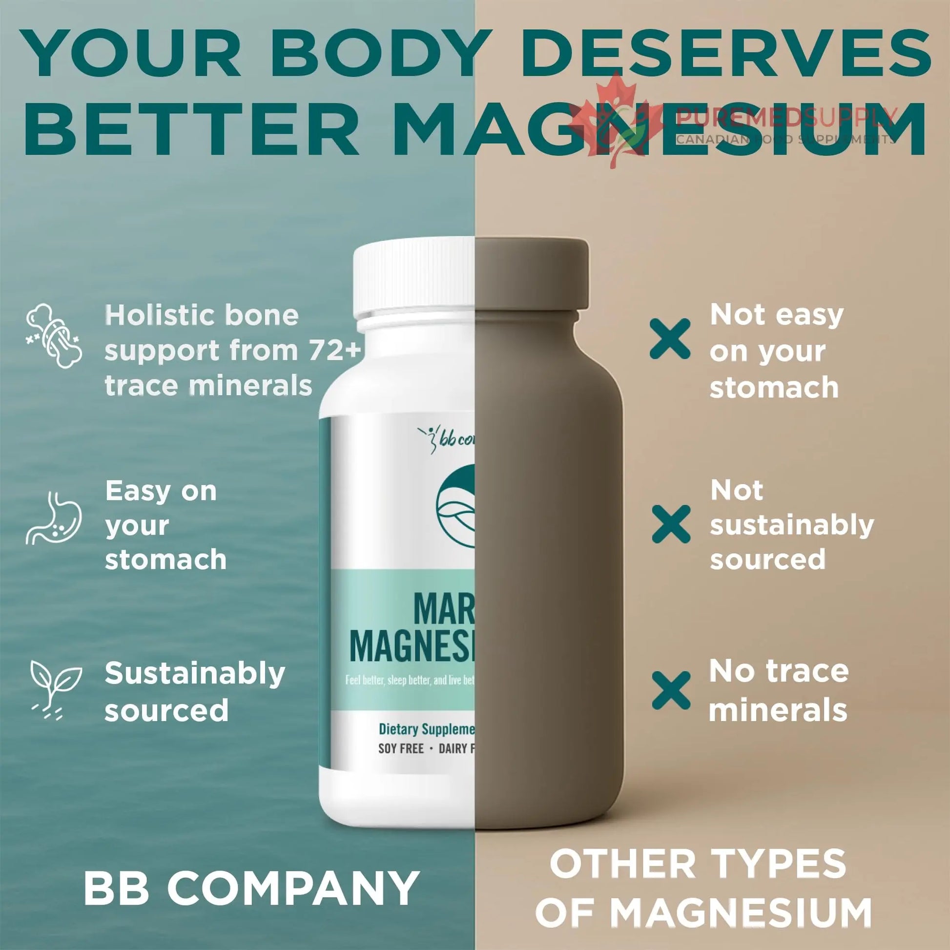 Ocean Magnesium 200mg Aquamin | More Soluble Than Magnesium Glycinate | Whole Food Mag B6 Supplement for Women | Gentle on Stomach & Vegan | Sleep Support, Calms Nerves & Leg Cramps | 60 Ct BB Company buy supplements canada