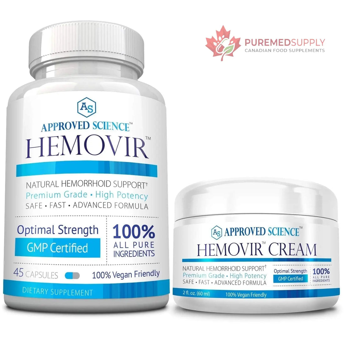 Approved Science Hemovir - Hemorrhoid Capsules and Cream - Dual-Action Stops Itching and Optimizes Blood Flow - Internal and External Care - 45 Capsules + 2 Fl Oz - Vegan - Non GMO - Made in The USA Approved Science buy supplements canada