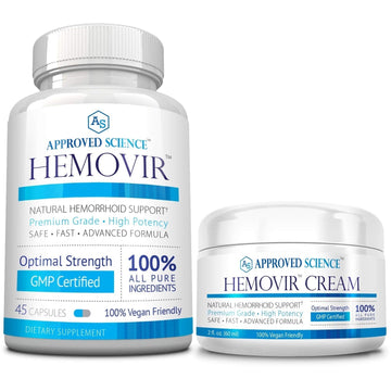 Approved Science Hemovir - Hemorrhoid Capsules and Cream - Dual-Action Stops Itching and Optimizes Blood Flow - Internal and External Care - 45 Capsules + 2 Fl Oz - Vegan - Non GMO - Made in The USA Approved Science buy supplements canada