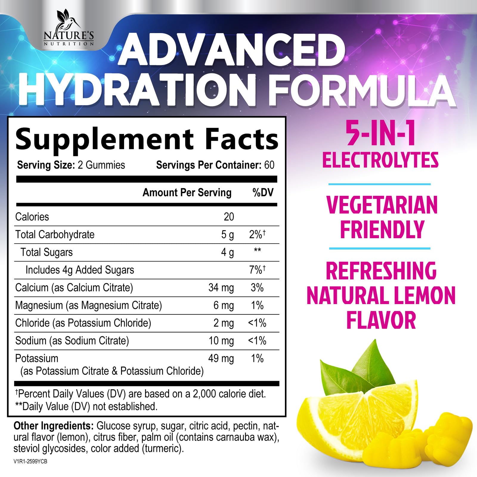 Hydration Electrolyte Gummies - Daily Liquid Replenisher Gummy - Electrolyte Multiplier with Minerals, Potassium & Real Salt - Vegan, Non-GMO - Tasty Lemon Flavor Hydration Electrolytes Nature's Nutrition buy supplements canada