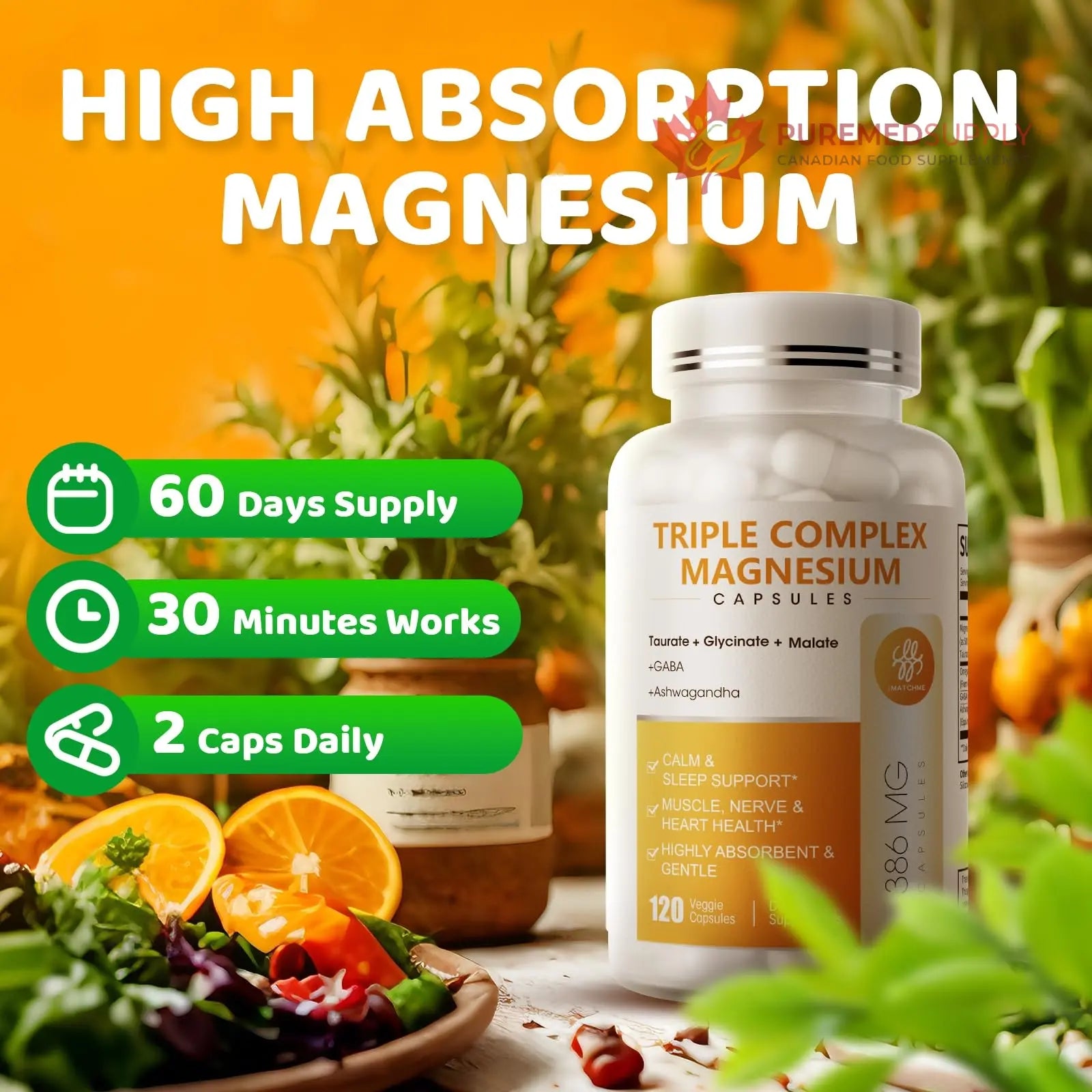 Triple Magnesium Complex - Magnesium Glycinate, Taurate & Malate Supplement with Omega3, Ashwagandha, GABA for Sleep, Brain Heart & Muscle Support - High Absorption and Gentle, Vegan, 120 Capsules iMATCHME buy supplements canada