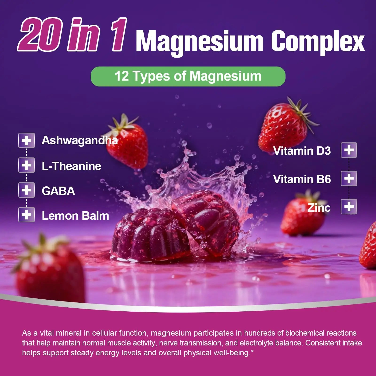 Migcopat Magnesium Complex Gummies, 20 in 1 Magnesium Gummy with Glycinate Citrate Malate Taurate - Ashwagandha, L-Theanine, D3&Zinc for Relaxation, Sleep, Muscle&Heart Support, Strawberry, 60 Cts Migcopat buy supplements canada