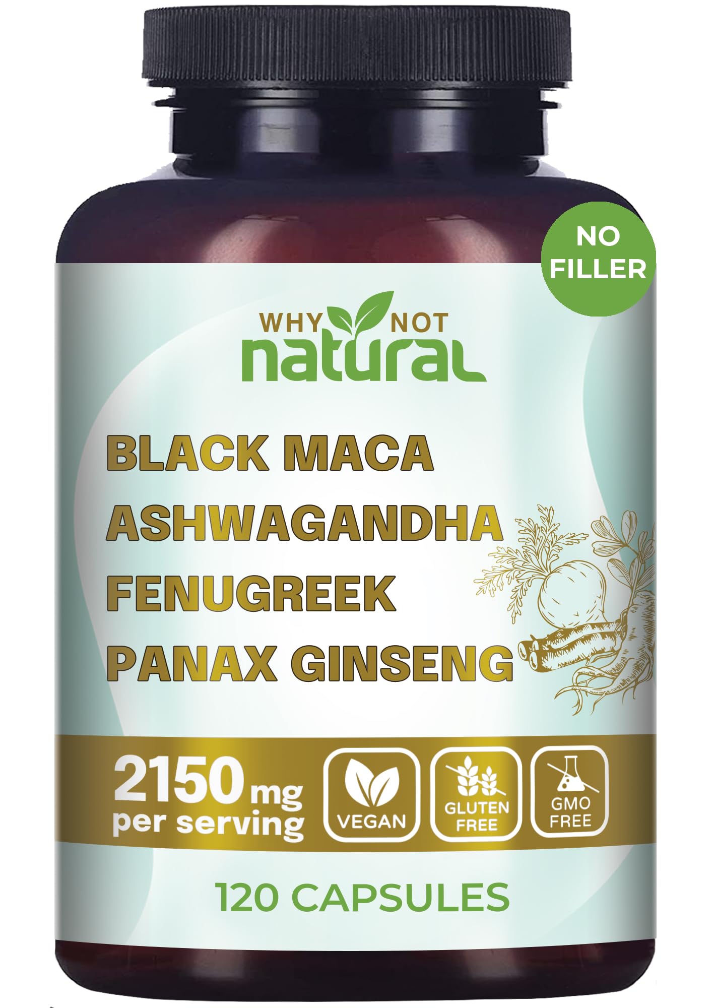 Why Not Natural 4-in-1 Organic Black Maca Root, Ashwagandha, Fenugreek, Panax Ginseng Capsules, Supplement for Men and Women (120 Count (Pack of 1) Why Not Natural buy supplements canada