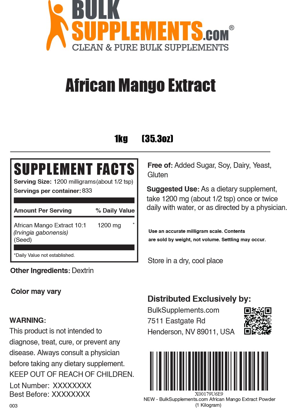 BulkSupplements.com African Mango Extract Powder - Irvingia Gabonensis, African Mango Powder - Gluten Free, 1.2g per Serving, 1kg (2.2 lbs) (Pack of 1) BulkSupplements buy supplements canada
