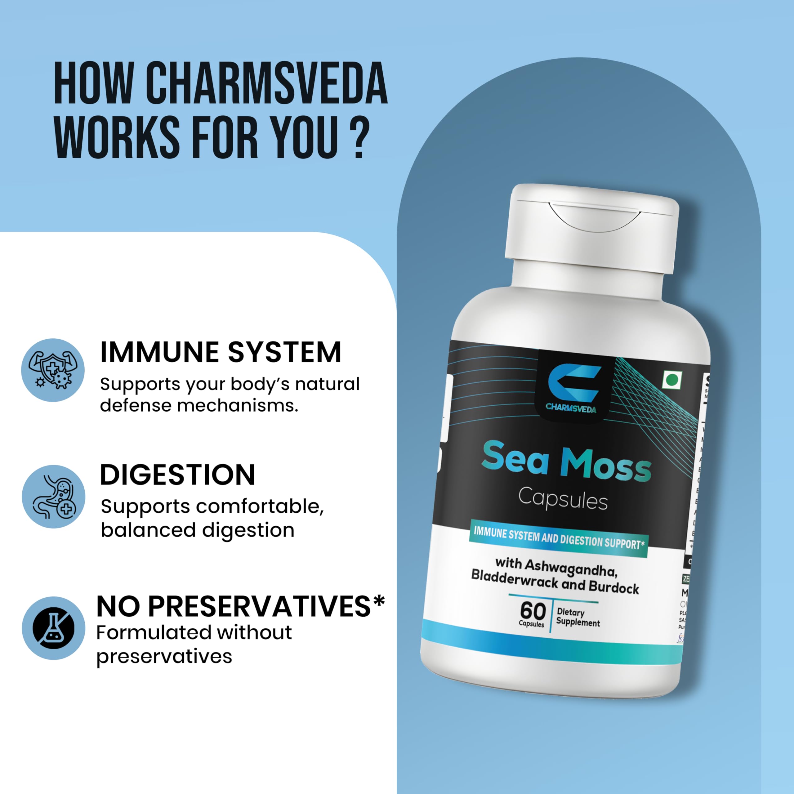 CHARMSVEDA Sea Moss Capsules with Ashwagandha, Bladderwrack & Burdock – Overall Wellness & Immune Support, Support Digestive & Gut Health* – 60 Vegan Capsules CHARMSVEDA buy supplements canada