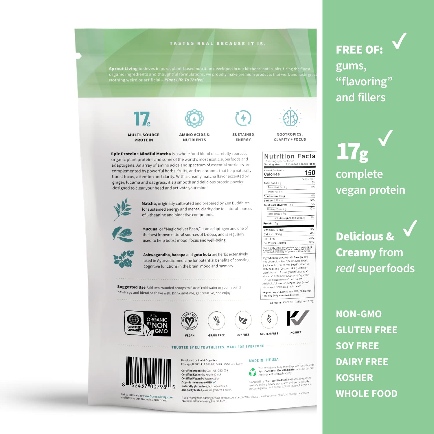 Sprout Living Epic Protein, Plant Based Protein & Superfoods Powder, Mindful Matcha Sprout Living buy supplements canada