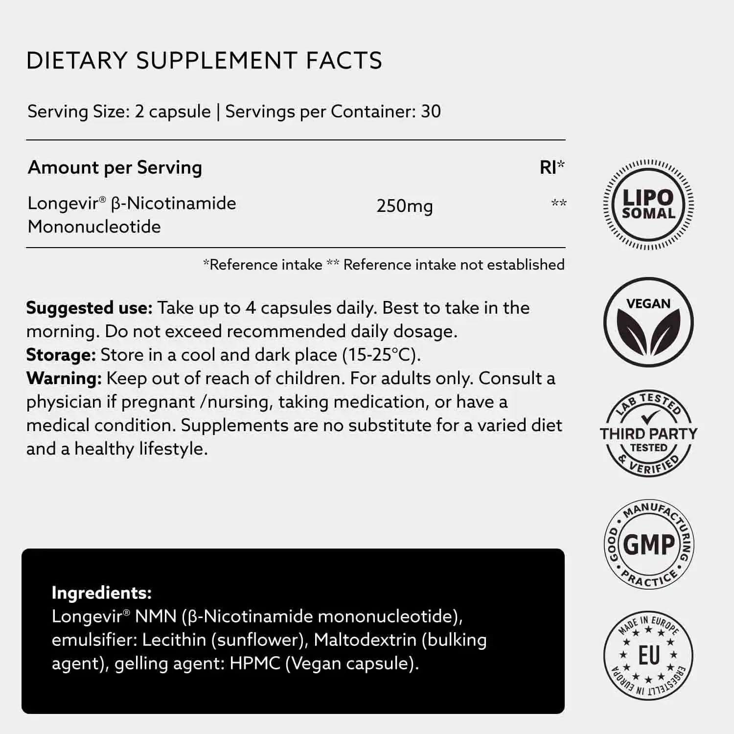PUROVITALIS Liposomal NMN, 250mg Longevir Nicotinamide Mononucleotide Supplement, NAD+ Boost for Cellular Health, Energy & Healthy Aging, 1-Month Supply (60 Vegan Capsules) PUROVITALIS buy supplements canada