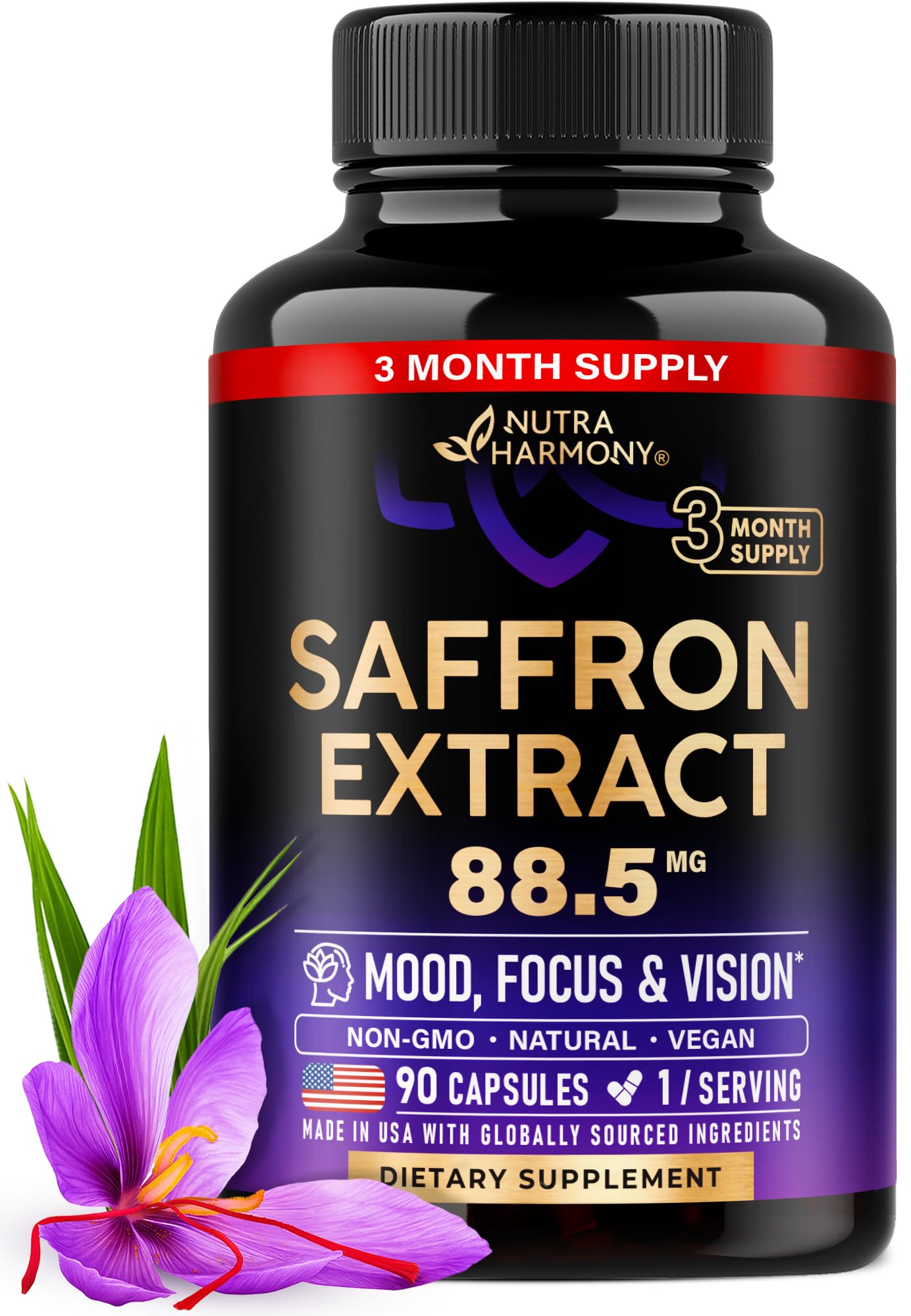 Natural Saffron Supplements - Pure Saffron Extract 88.5 mg - Made in USA - Mood | Focus | Vision | Energy Support - Eye Health for Women & Men - NonGMO Vegan Pills - 90 Powder Capsules, 3 Month Supply NUTRAHARMONY buy supplements canada
