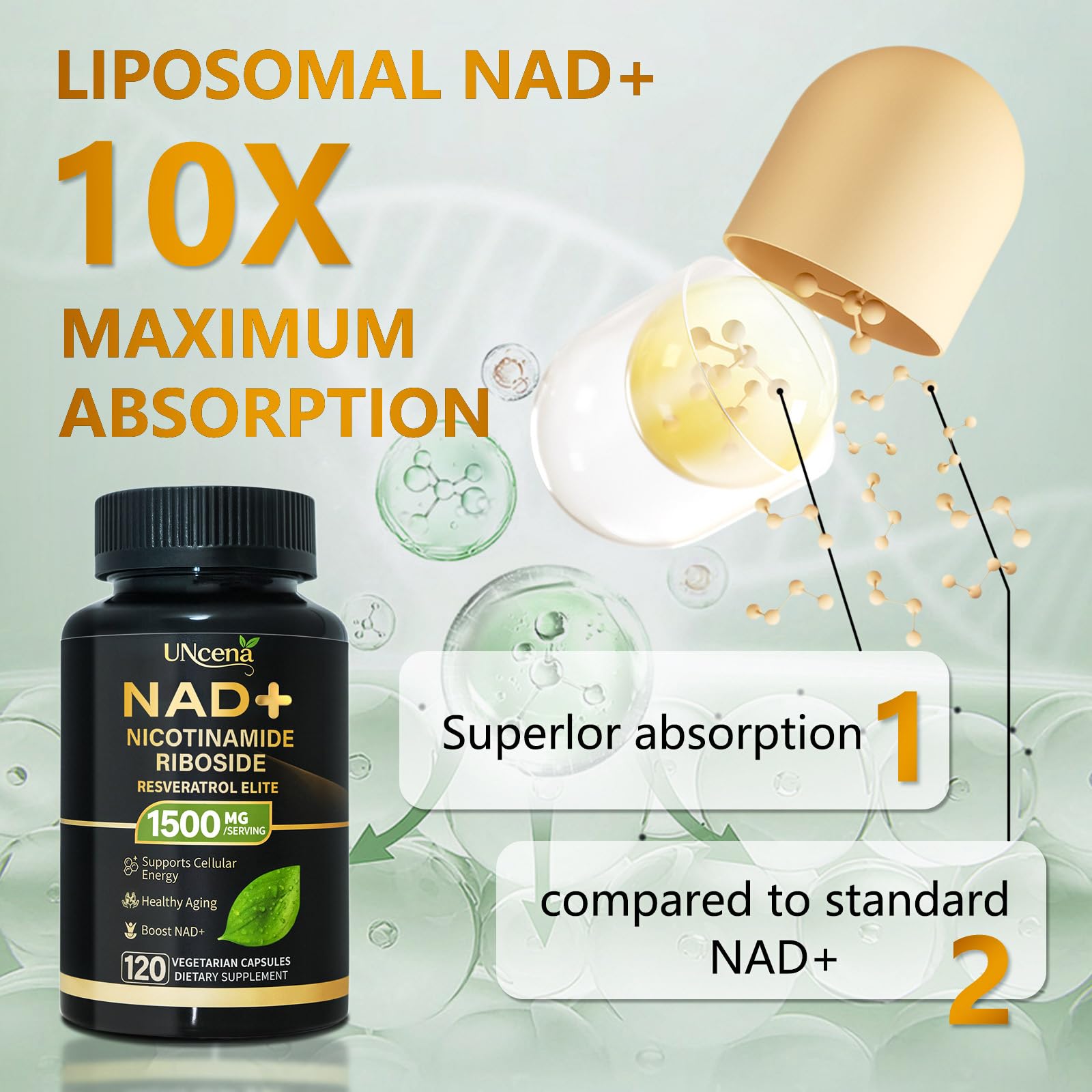 UNcena NAD Supplement 1500mg - Liposomal NAD+ Nicotinamide Riboside with Resveratrol, NAD Plus Boosting - Support Cellular Health, Stamina & Healthy Aging for Women & Men- 120 Capsules UNcena buy supplements canada