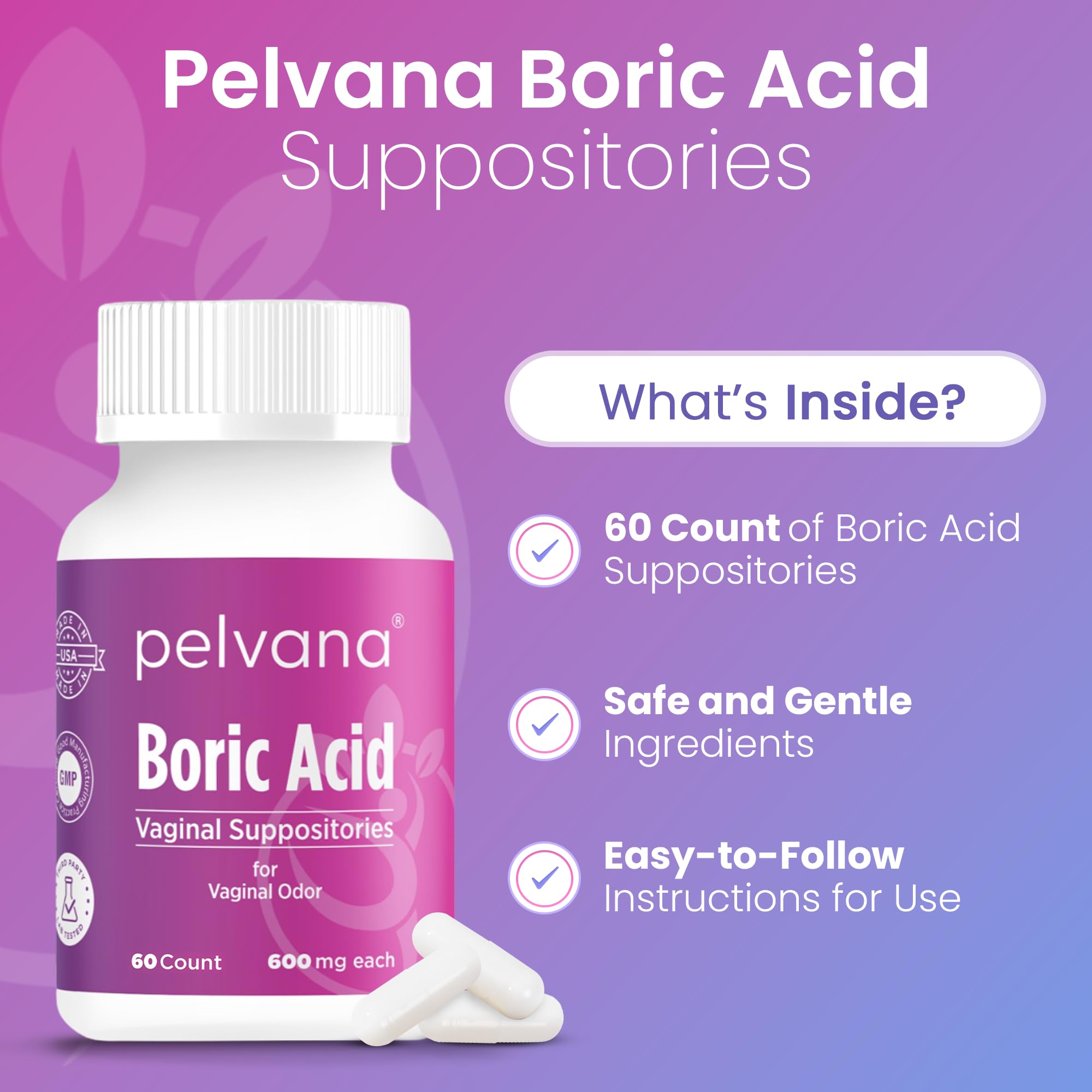 Pelvana Boric Acid Suppositories for Women - 60 Count - 600mg Boric Acid Capsules for Vaginal Odor Use Pelvana buy supplements canada
