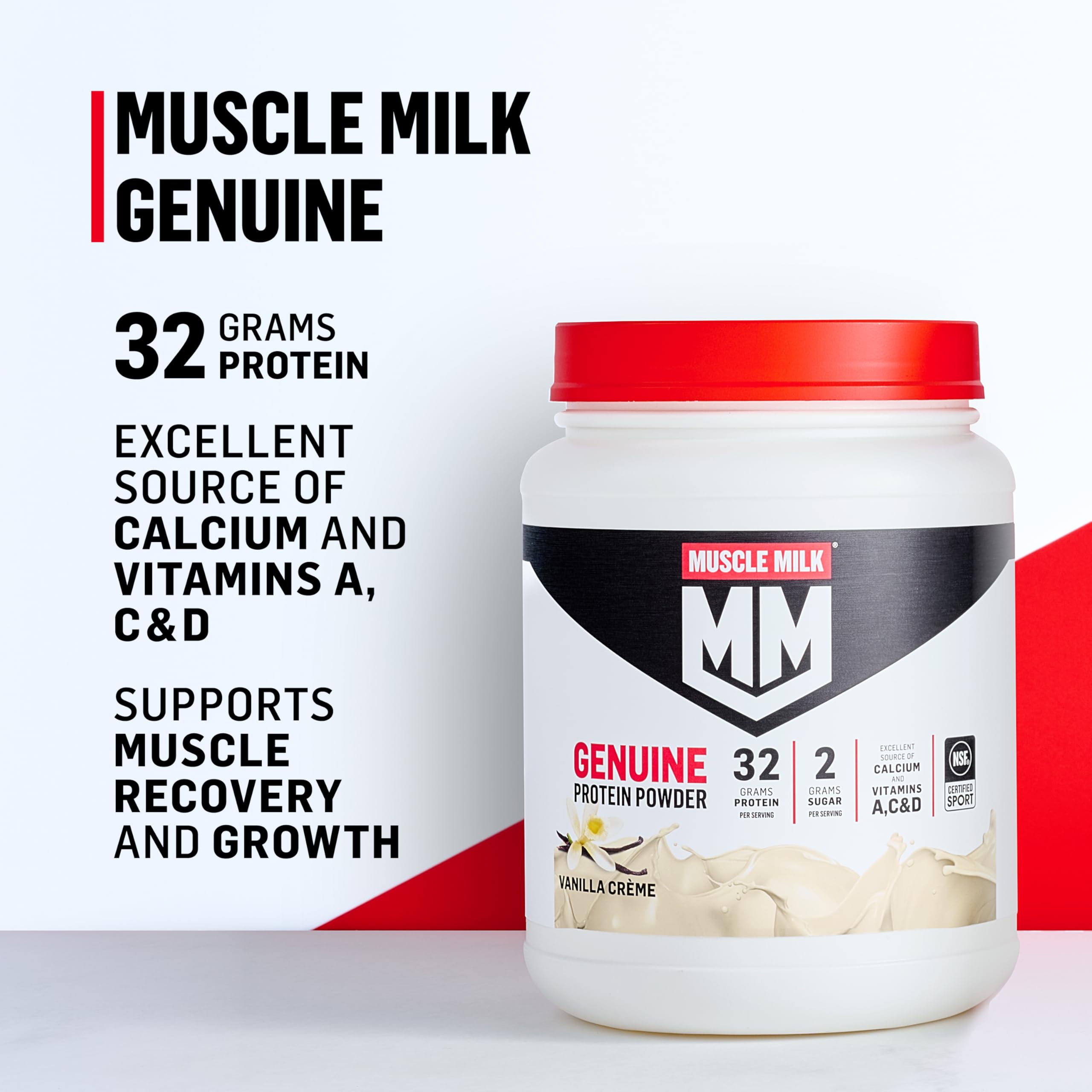 Muscle Milk Genuine Protein Powder, Vanilla Crème, 1.93 Pounds, 12 Servings, 32g Protein, 2g Sugar, Calcium, Vitamins A, C & D, NSF Certified for Sport, Energizing Snack, Packaging May Vary Muscle Milk buy supplements canada