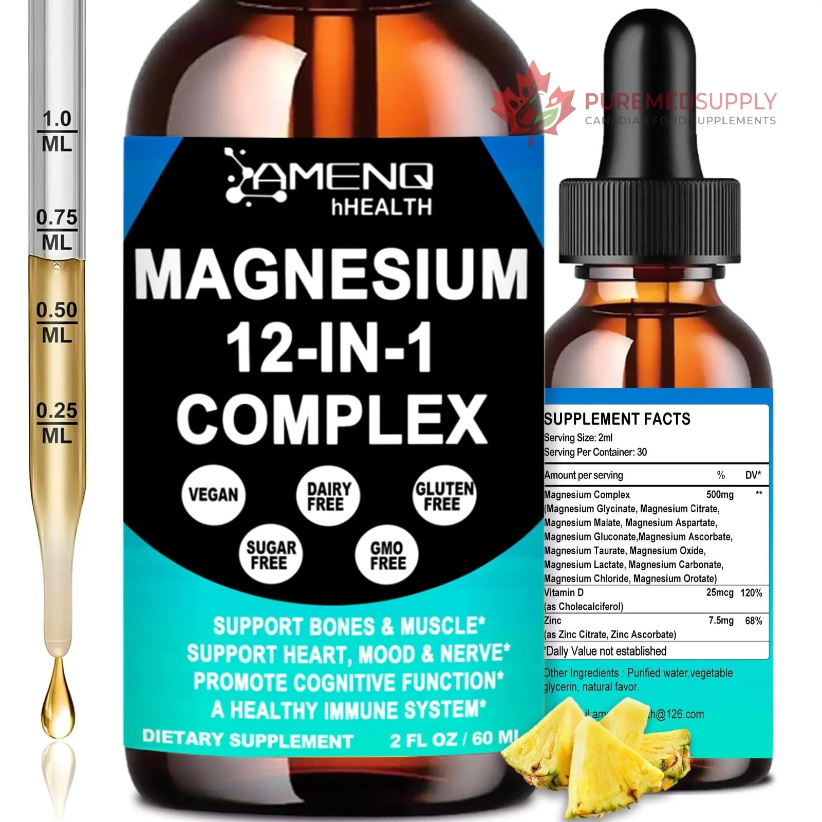 Magnesium 12 in 1 Complex Liquid Drops Magnesium Supplement w. Glycinate Citrate Malate Taurate Oxide Aspartate Orotate, Calm Magnesium for Sleep Muscle Heart Support丨Max Absorption Liquid Formula AMENQ hHEALTH buy supplements canada