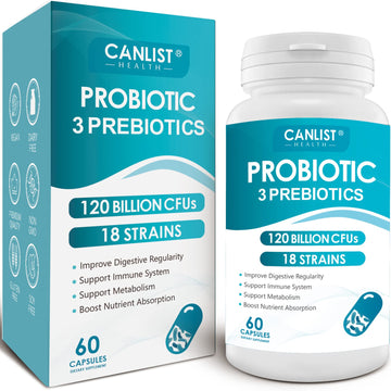 CANLIST Probiotics 120 Billion CFUs 18 Strains, 3 Prebiotics & Digestive Enzymes for Men Women,Digestive & Immune Support,Shelf Stable Non-GMO 60 Capsules CANLIST buy supplements canada