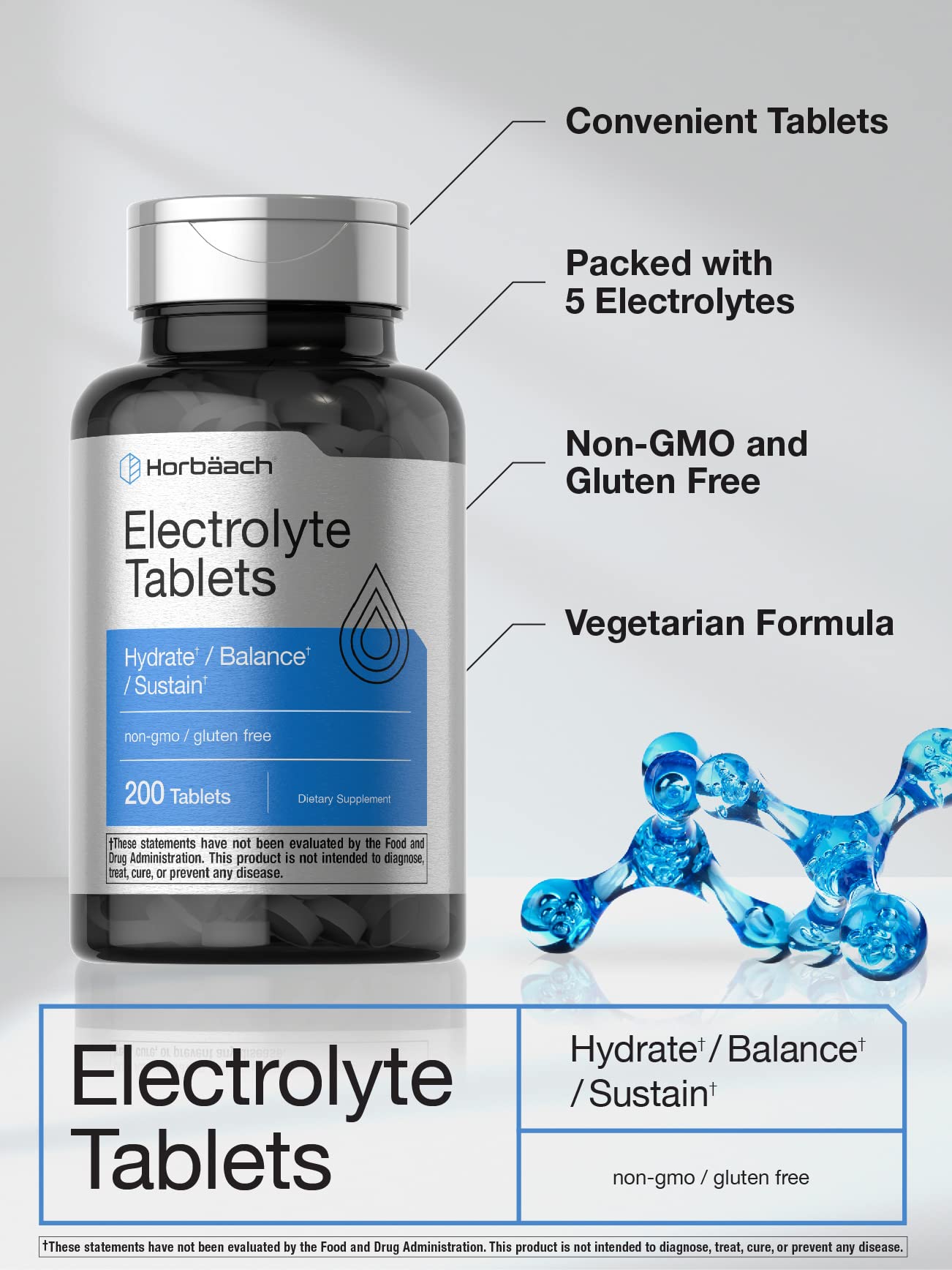 Horbäach Electrolyte Tablets | 200 Count | Helps Hydrate, Balance, & Sustain | with Calcium, Magnesium, Chloride, Sodium and Potassium | Vegetarian, Non-GMO & Gluten Free Horbäach buy supplements canada