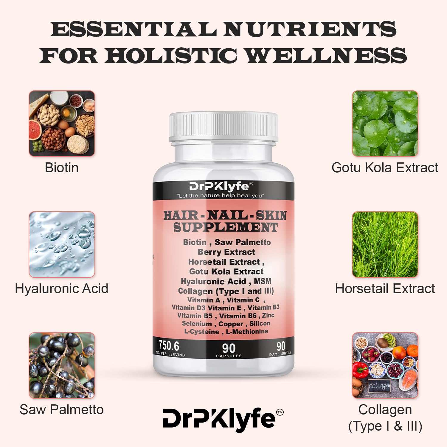 DrPKLyfe Hair, Nail and Skin Supplement Capsules:Biotin, Collagen, Collagen Peptides, Acid Hyaluronic, Biotin, Vitamin A, C, B5, B6 Saw Palmetto & More - 90 Capsules. DrPKLyfe buy supplements canada