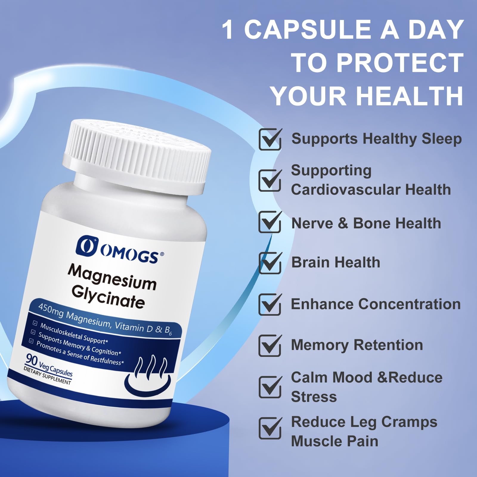 OMOGS High Absorption Magnesium Glycinate, for Supporting Sleep, Muscle Relaxation, Heart Health & Bone Health, Gluten Free, Non-GMO, 90 Vegetarian Capsules OMOGS buy supplements canada