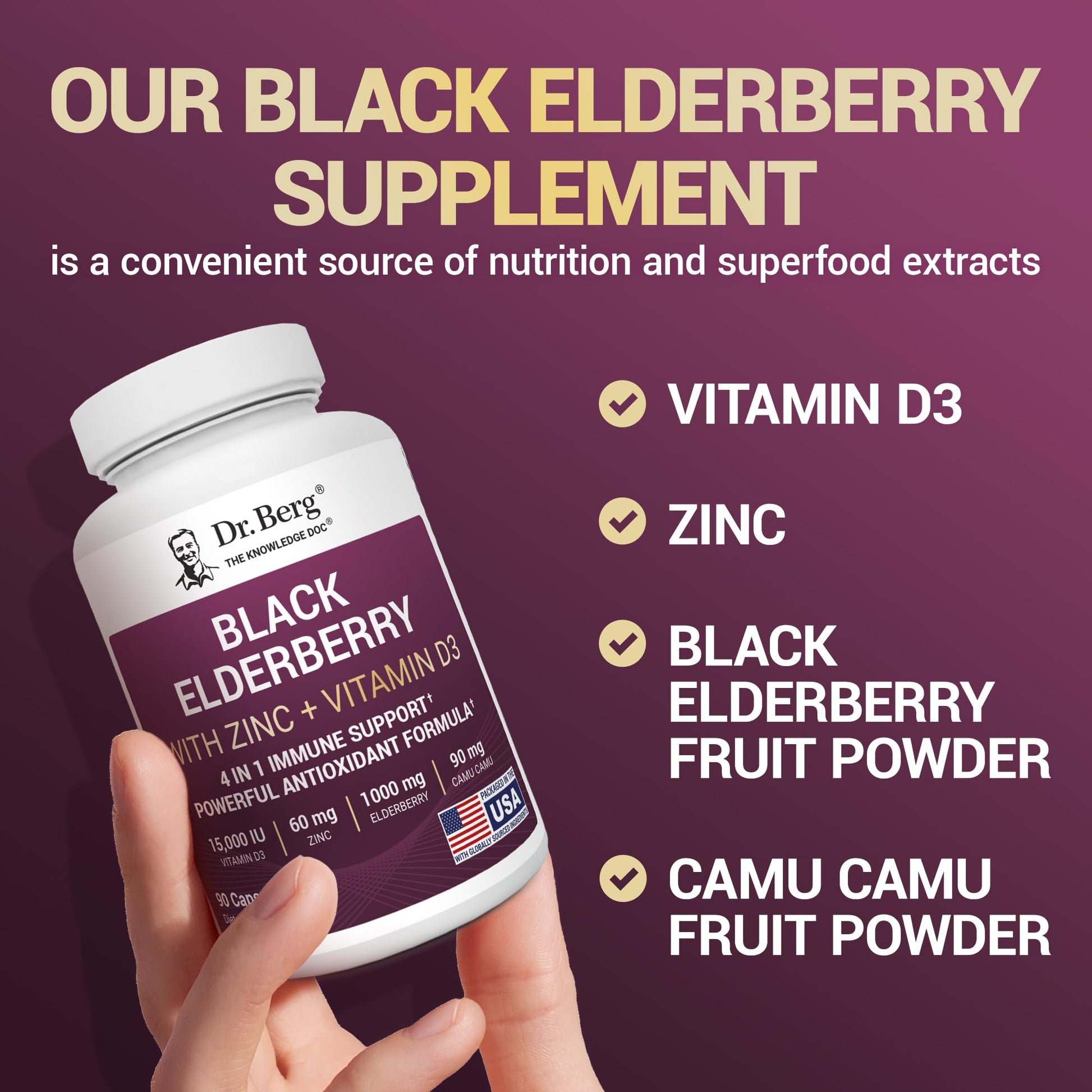 Dr. Berg Black Elderberry Capsules (Advanced Immune Support*) with 15,000 IU Vitamin D, 60 mg of Zinc, & 90 mg of Camu Camu - (4-in-1) Sambucus Elderberry Immune Support Supplement - 90 Capsules Dr. Berg Nutritionals buy supplements canada