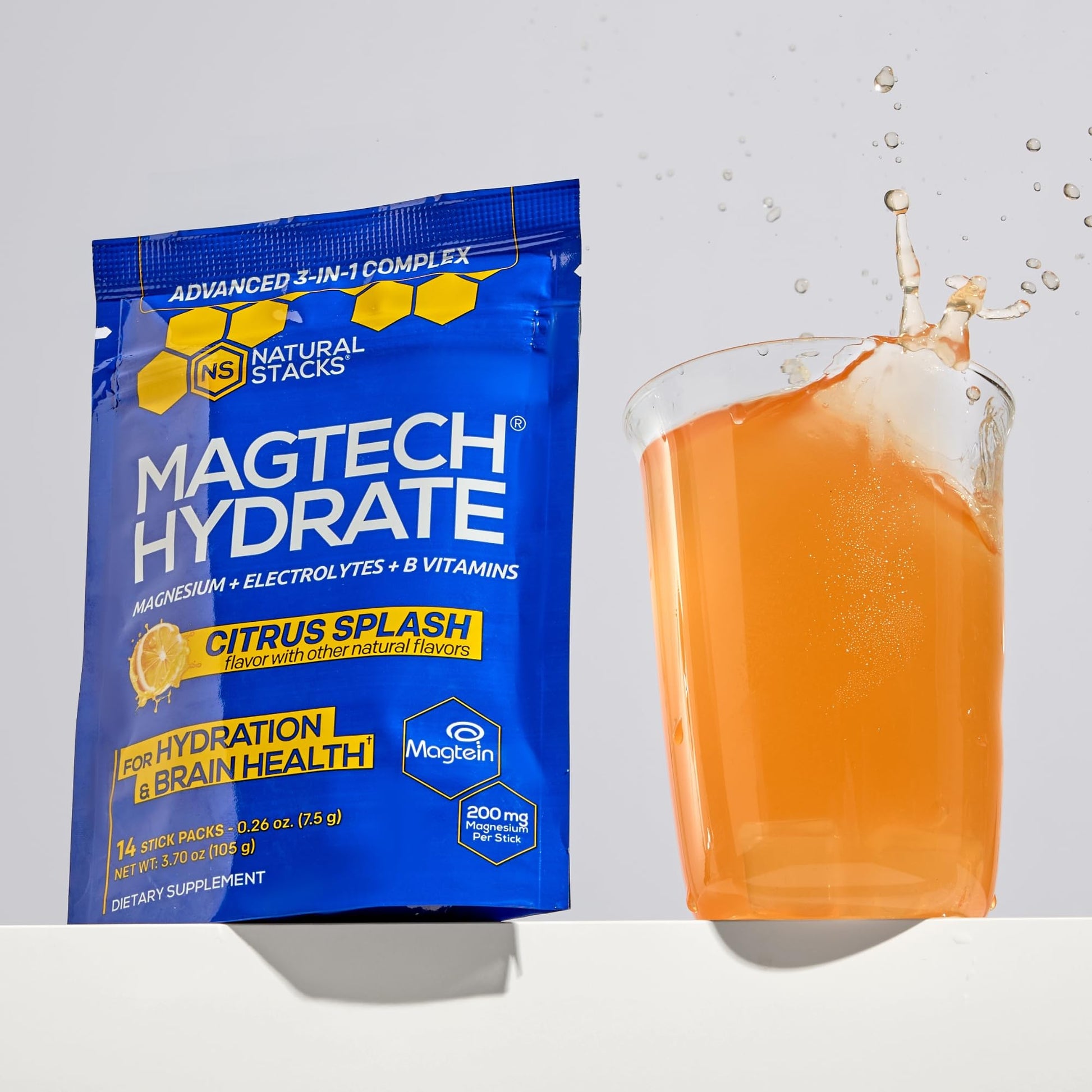MagTech Magnesium Hydrate Packets - Sugar Free Hydration Powder - Magtein Magnesium L-Threonate, Glycinate & Taurate - 200mg Chelated Triple Complex - Supports Hydration & Brain Health* - 14 Servings NATURAL STACKS buy supplements canada