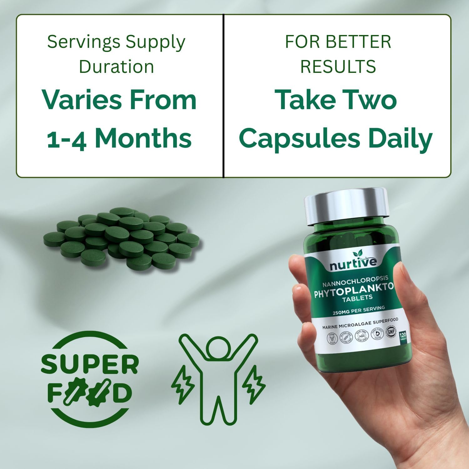 NURTIVE Nannochloropsis Phytoplankton Tablets – 250mg per Serving – Vegan, Gluten-Free, Non-GMO, No Fillers – Third-Party Tested, GMP Certified – 2 Tablets/Day for 2 Month, 120 Tablets/Bottle NURTIVE buy supplements canada