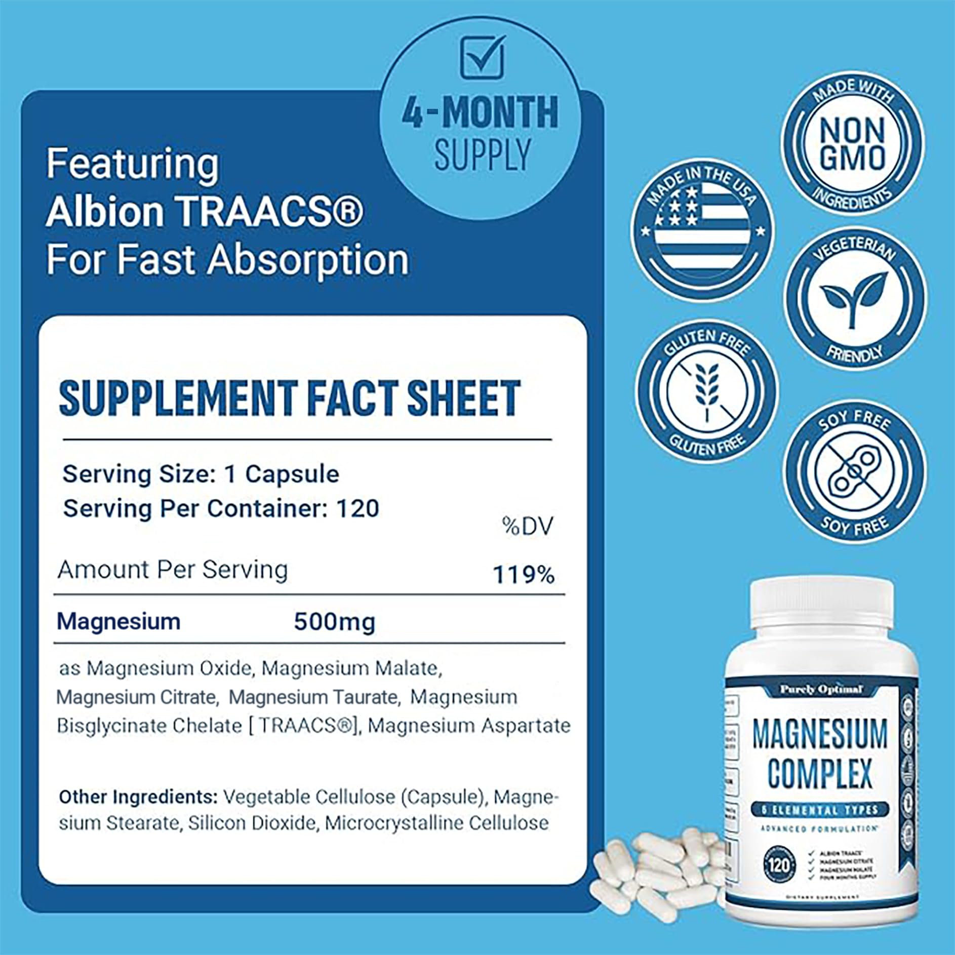 Purely Optimal Magnesium Complex - 6 Forms Magnesium Glycinate, Citrate & Malate - Sleep Support, Stress Relief, Muscles, Heart Health & Relaxation Purely Optimal buy supplements canada