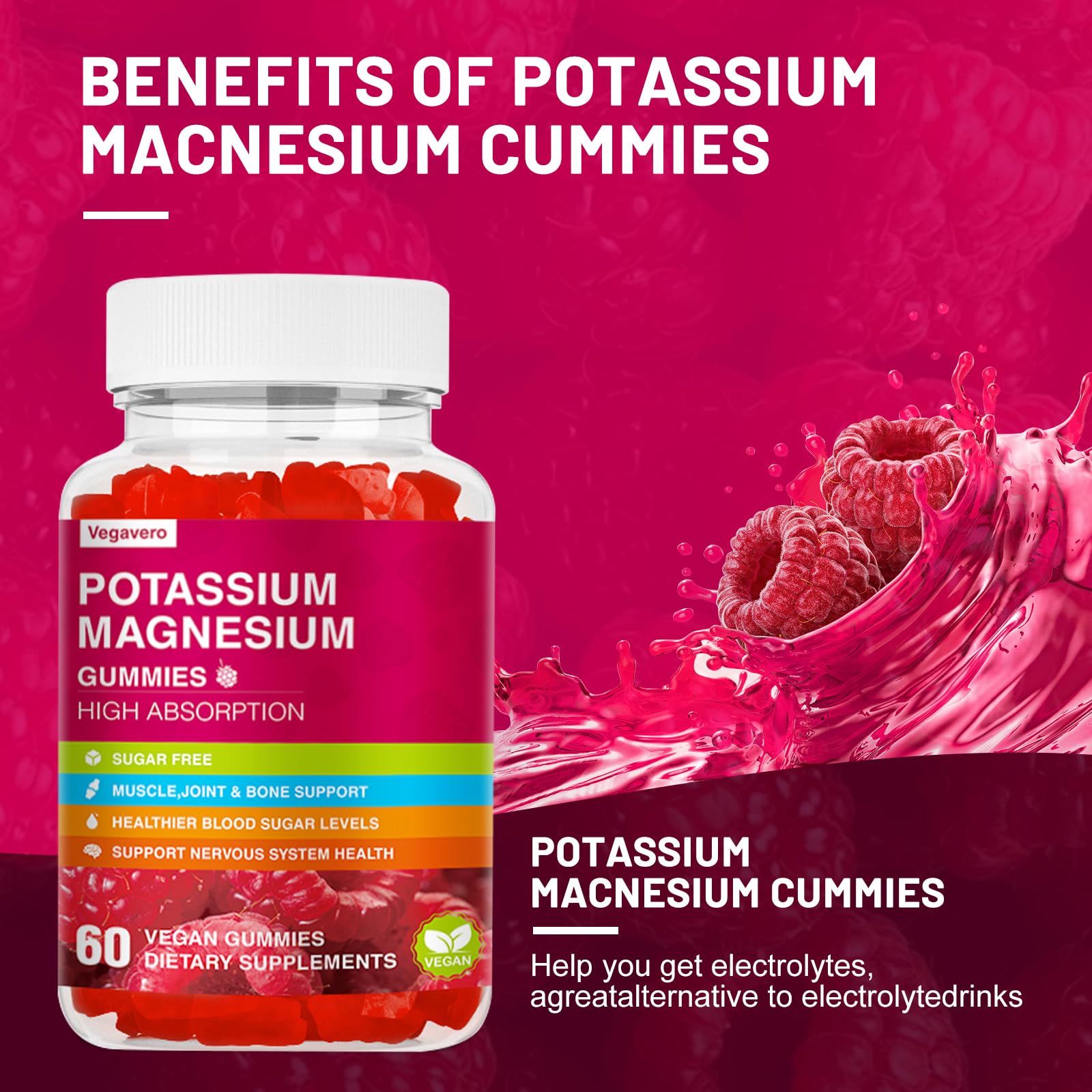 Potassium Magnesium Gummies - High Absorption Magnesium Glycinate & Potassium Citrate Plus Coenzyme Q10, DHA, D3, Mineral & Calcium for Zzz, Leg Cramps & Muscle - 60 Raspberry Gummies Vegavero buy supplements canada