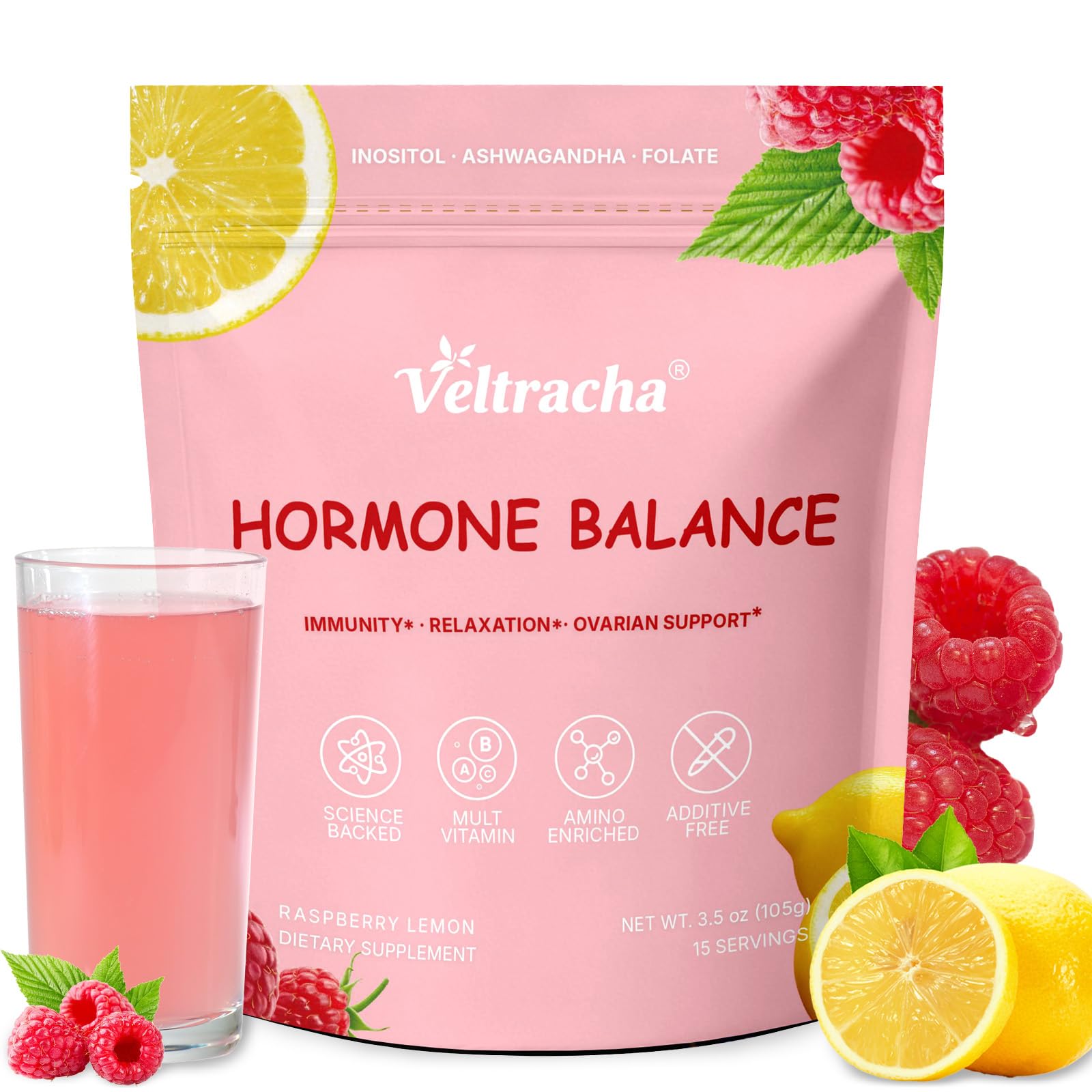 Veltracha Hormone Balance for Women, Myo & D-Chiro Inositol Powder with Folate & Amino Acid & Ashwagandha - Ovarian Support, Mood Regulation & PMS Relief, Raspberry Lemon, 15 Servings Veltracha buy supplements canada