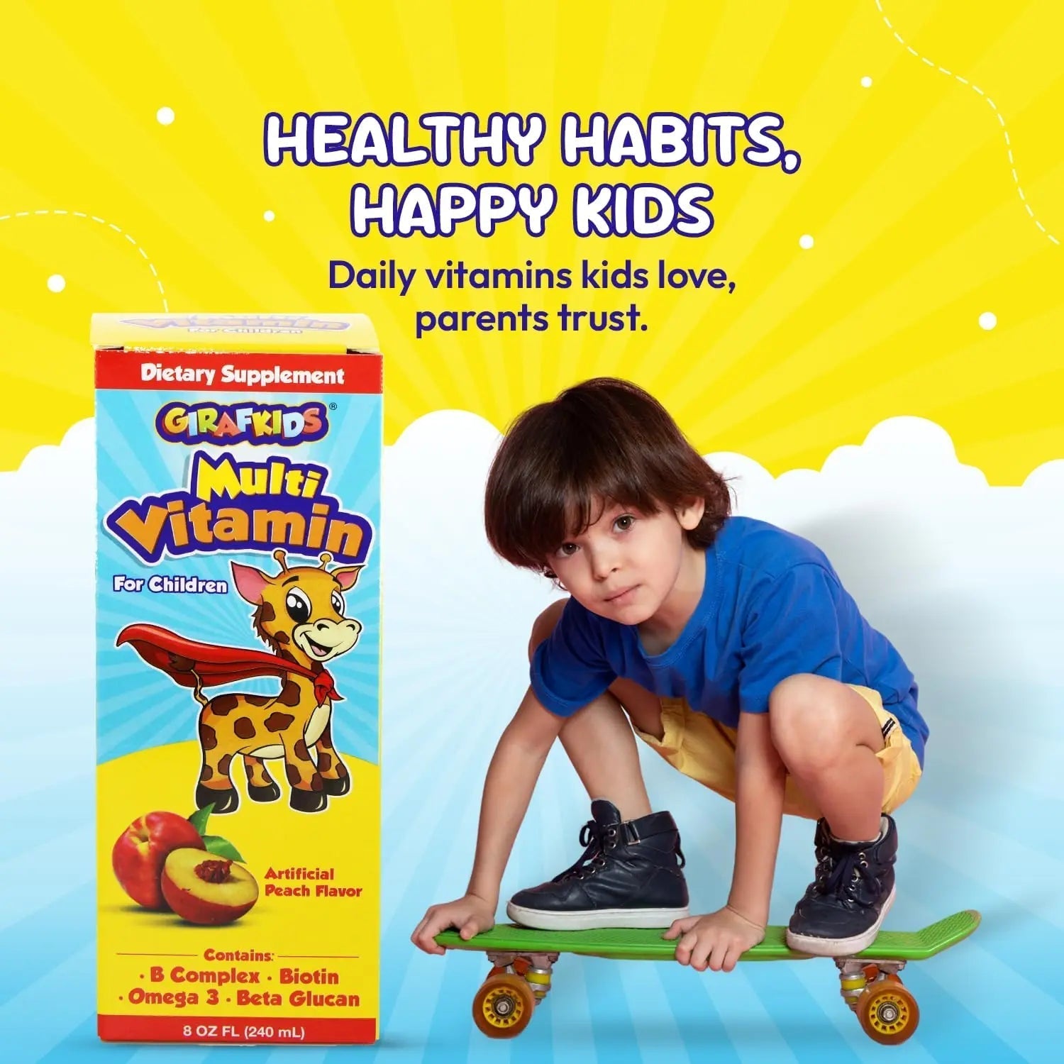 GirafKids Liquid Multivitamin for Kids Ages 4+, 8oz - Daily Child Vitamins with Biotin, Vitamin A, B Complex, Folic Acid, Omega-3 & Beta Glucan PHARMADEL buy supplements canada