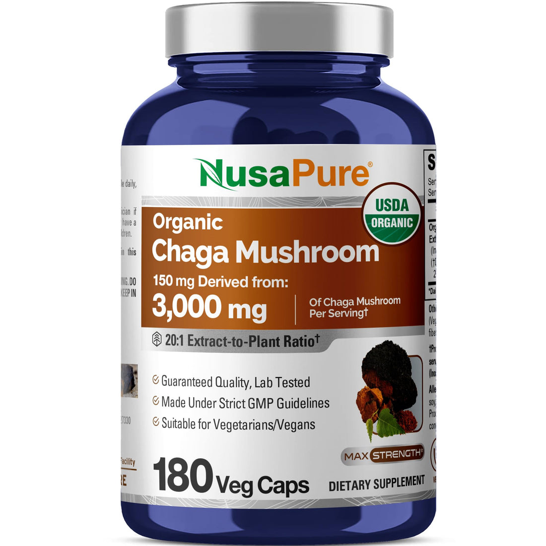 NusaPure Chaga Mushroom 20:1 Extract, 150 mg Equivalent to 3,000mg per Veggie Capsule, 180 Count, USDA Organic, Vegan, Non-GMO NusaPure buy supplements canada