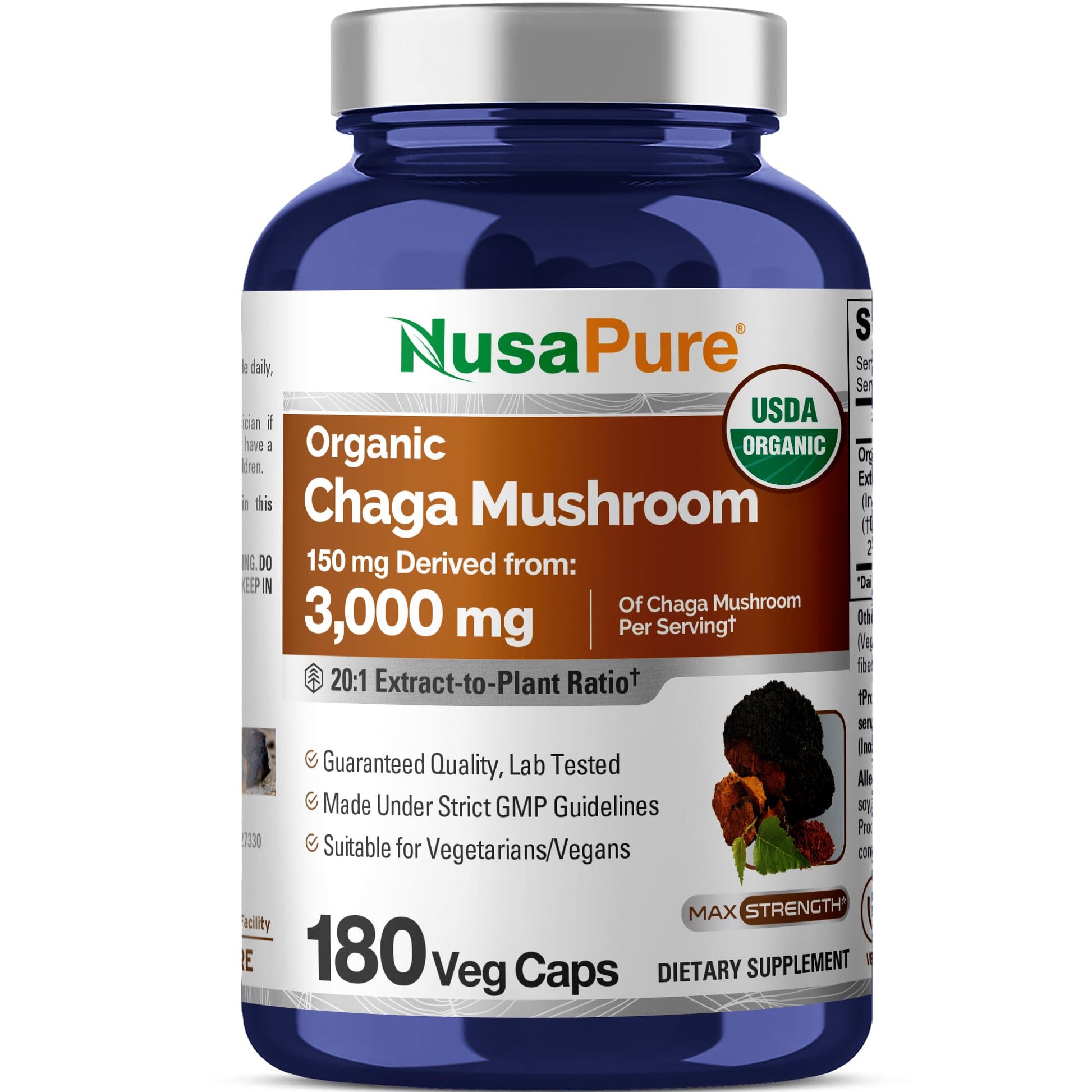 NusaPure Chaga Mushroom 20:1 Extract, 150 mg Equivalent to 3,000mg per Veggie Capsule, 180 Count, USDA Organic, Vegan, Non-GMO NusaPure buy supplements canada