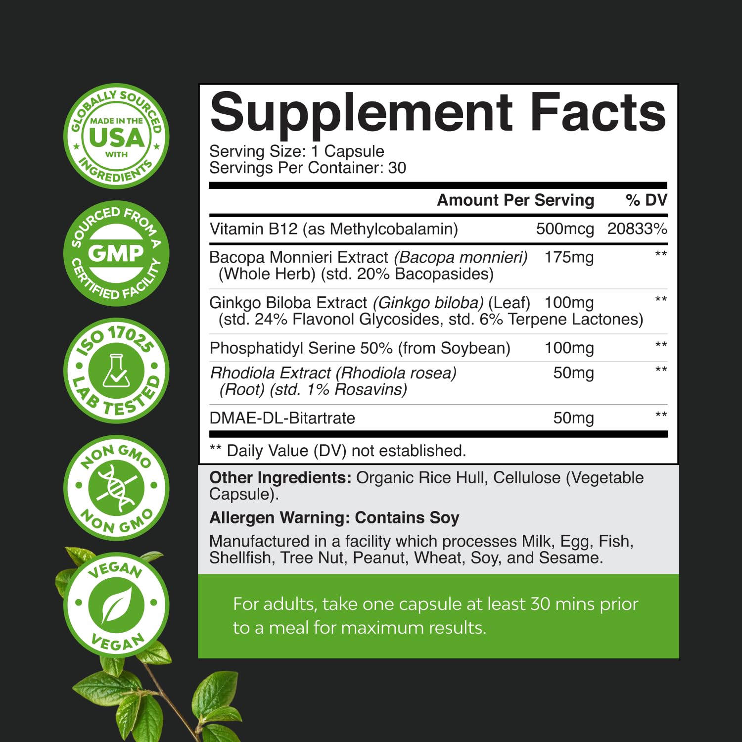 Nootropic Memory Supplement for Brain Support - Memory Pills for Brain Boost and Natural Energy Booster - Vitamin B 12 Bacopa Monnieri Rhodiola Rosea DMAE Ginkgo Biloba Phosphatidylserine Supplement Natures Craft buy supplements canada