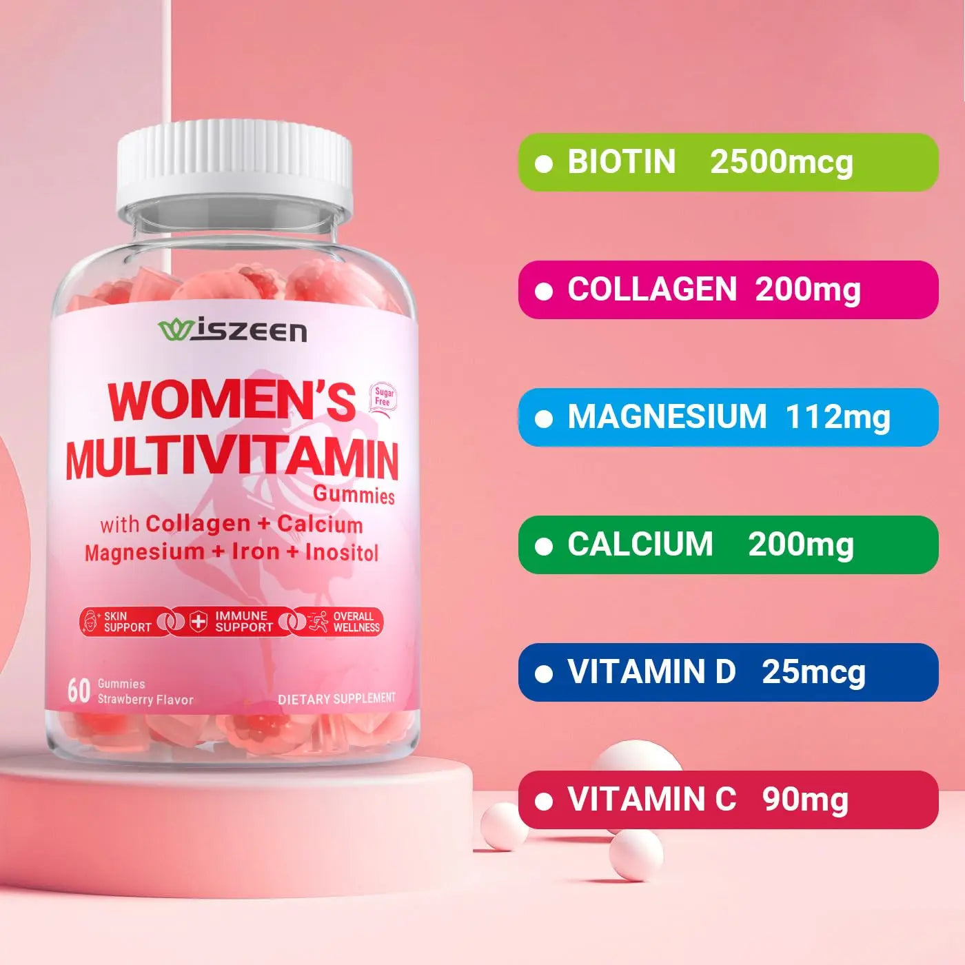 Wiszeen Sugar Free Methylated Multivitamin for Women Gummies, Biotin, Collagen, Calcium, Magnesium, Inositol, Folate, Iron, Vitamin A, C, D, E Wiszeen buy supplements canada