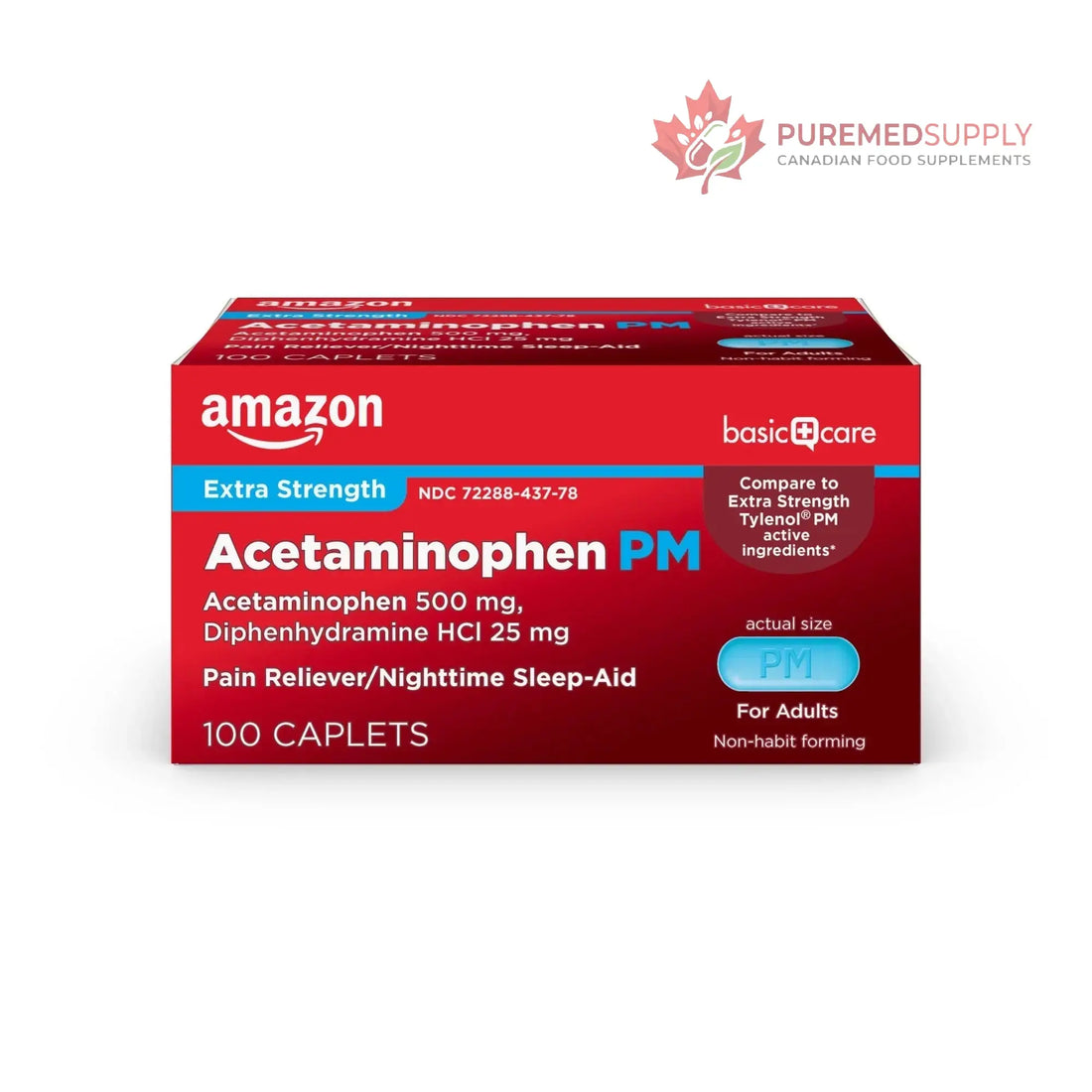 Amazon Basic Care Acetaminophen PM, Pain Reliever Plus Nighttime Sleep Aid, Blue, 100 Count Amazon Basic Care buy supplements canada