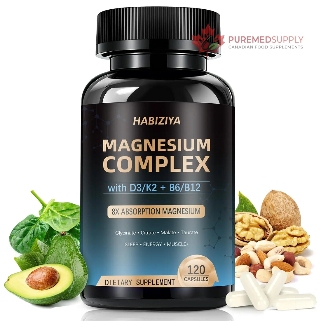 Magnesium Complex Supplement 600mg with with D3 K2 MK7 & B Vitamins High Absorption Capsules with Glycinate, Citrate & Malate,Taurate Relaxation,Muscle,Heart Support, Vegan 120 Capsules HABIZIYA buy supplements canada