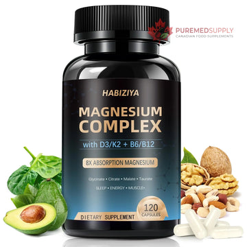 Magnesium Complex Supplement 600mg with with D3 K2 MK7 & B Vitamins High Absorption Capsules with Glycinate, Citrate & Malate,Taurate Relaxation,Muscle,Heart Support, Vegan 120 Capsules HABIZIYA buy supplements canada