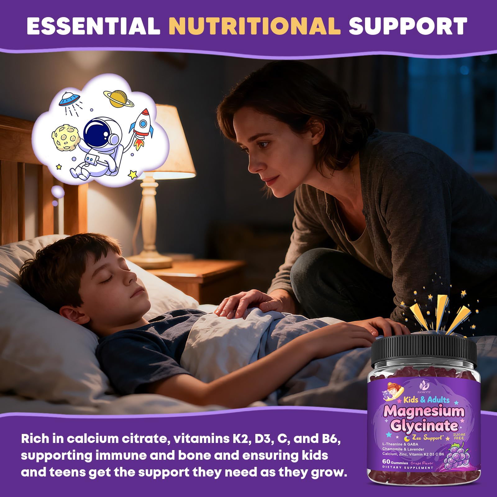 Sugar Free Magnesium Glycinate Gummies for Kids & Adults - Zzz Support, Relaxation & Cognition Support, 200/400mg Magnesium Gummies with L-Theanine, GABA, Calcium, B6, D3, C & K2, Grape Flavor, 60 Ct JIANKYTZ buy supplements canada